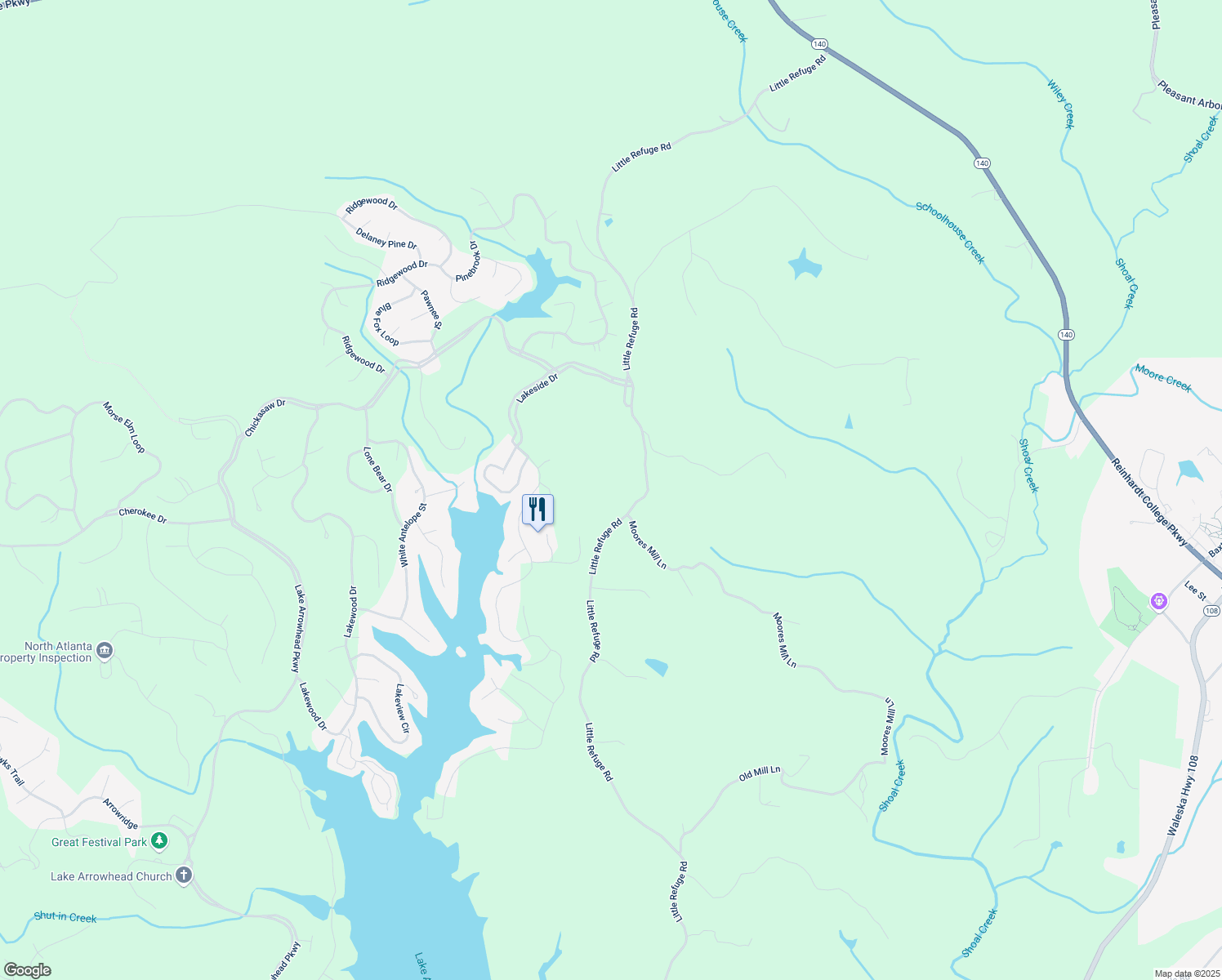 map of restaurants, bars, coffee shops, grocery stores, and more near 3455 Little Refuge Road in Waleska