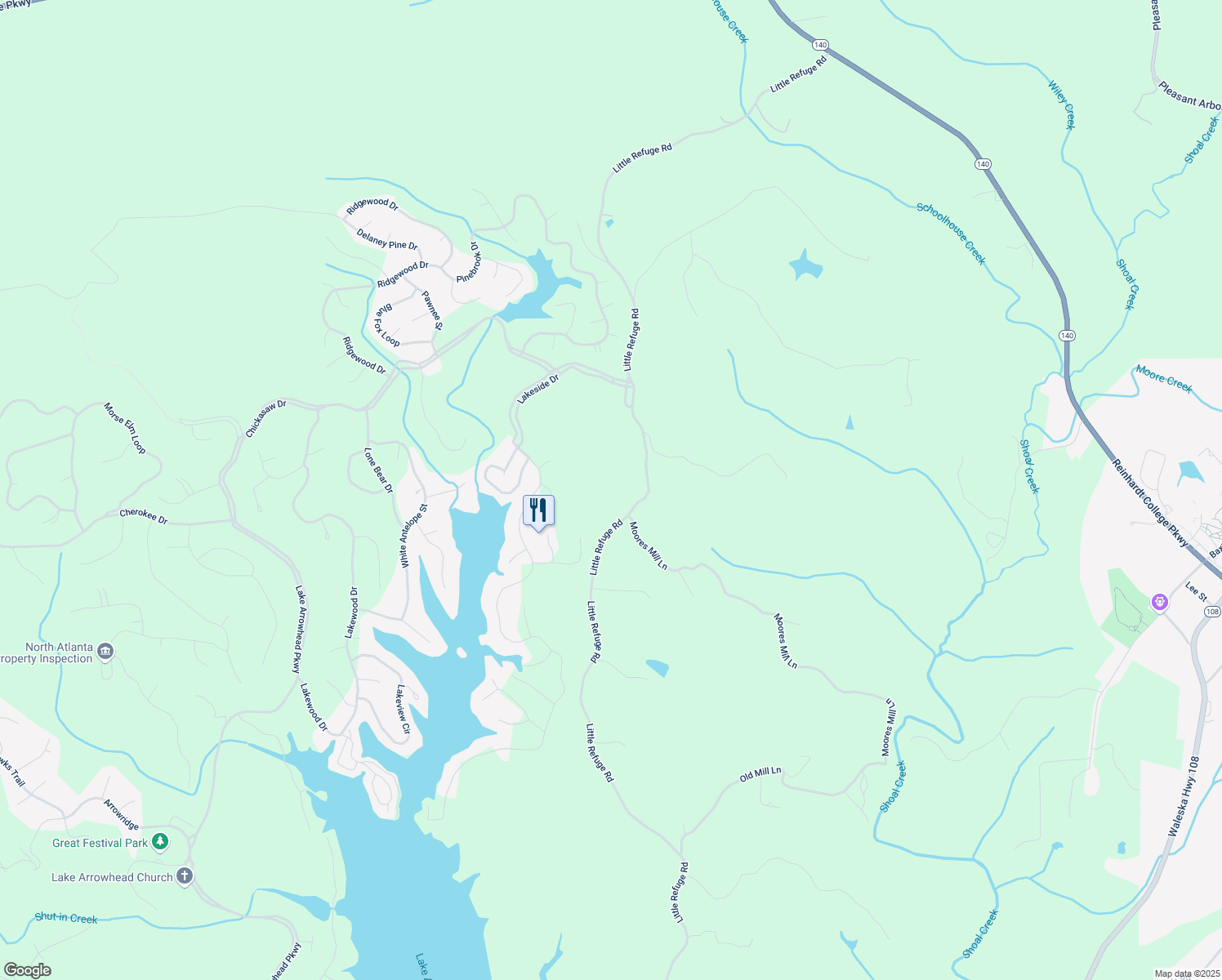 map of restaurants, bars, coffee shops, grocery stores, and more near 3455 Little Refuge Road in Waleska