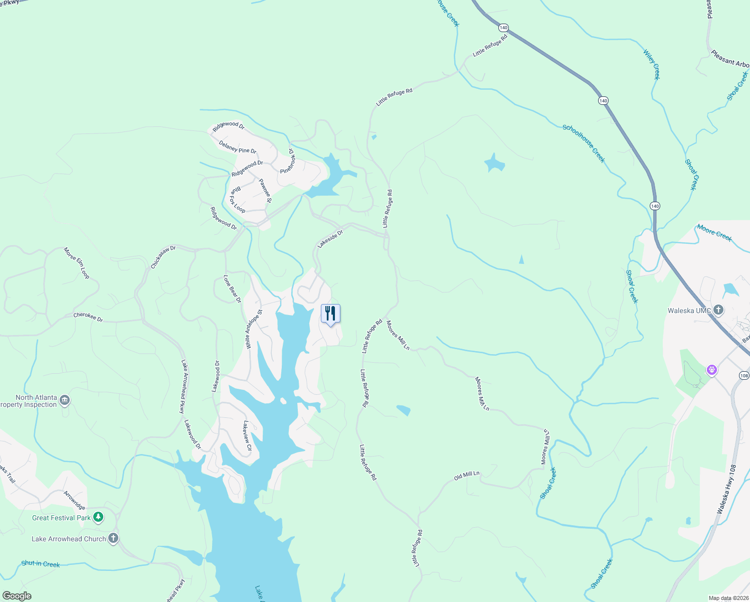 map of restaurants, bars, coffee shops, grocery stores, and more near 3455 Little Refuge Road in Waleska