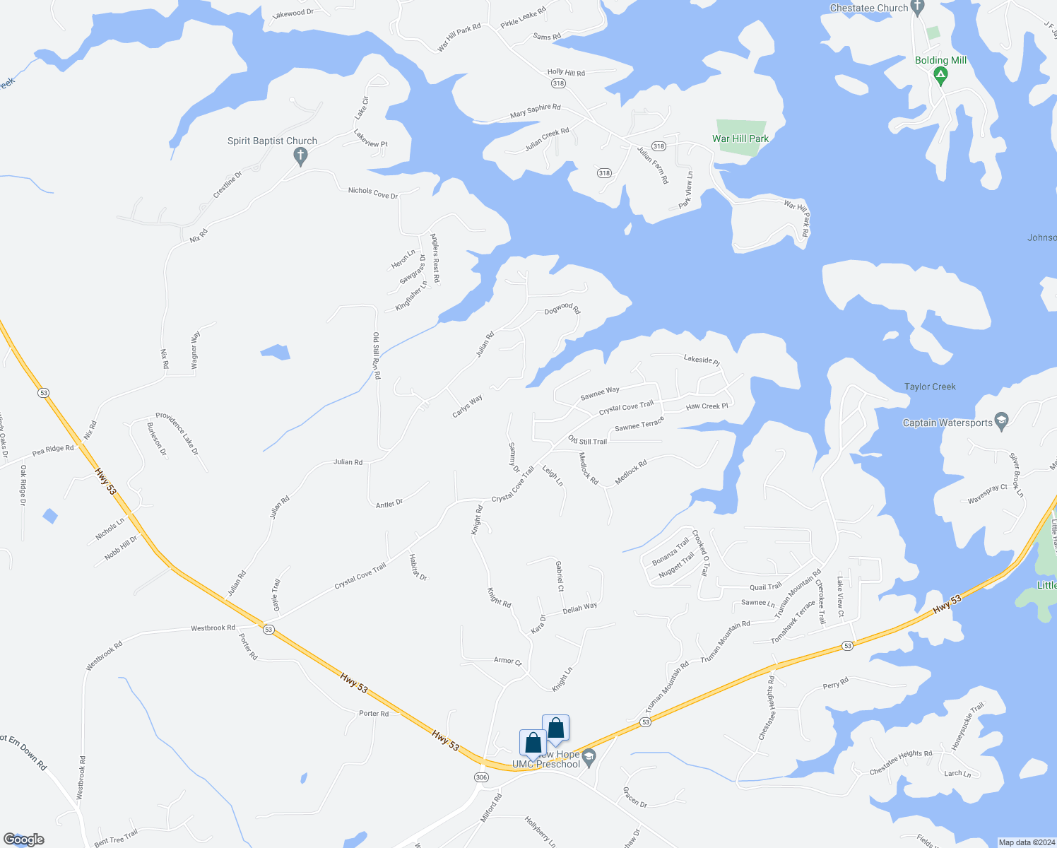 map of restaurants, bars, coffee shops, grocery stores, and more near 6405 Dogwood Way in Gainesville