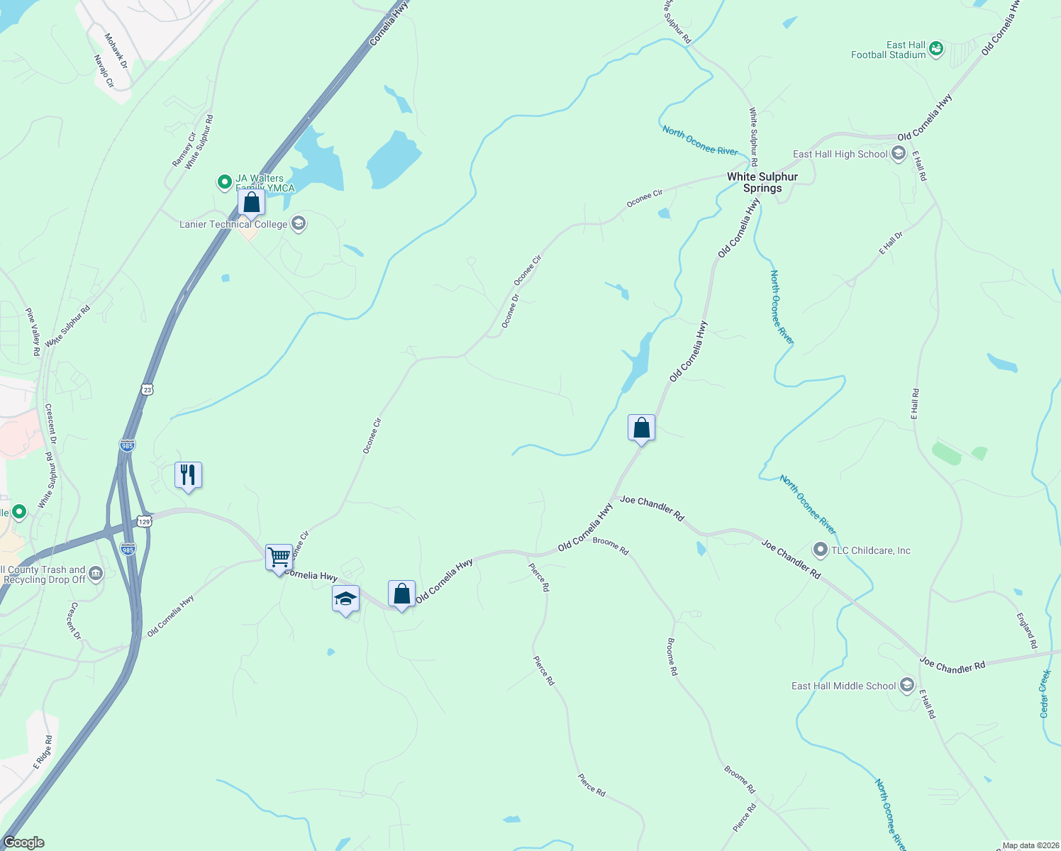 map of restaurants, bars, coffee shops, grocery stores, and more near 2782 Sawyer Mill Drive in Gainesville