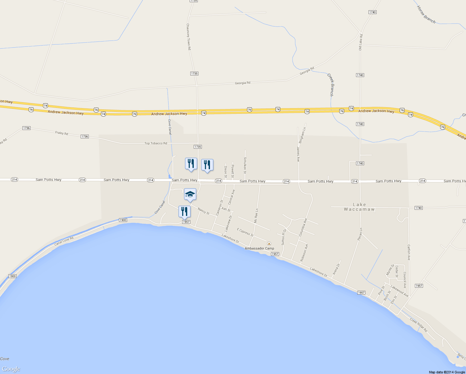 map of restaurants, bars, coffee shops, grocery stores, and more near 305 Church Street in Lake Waccamaw