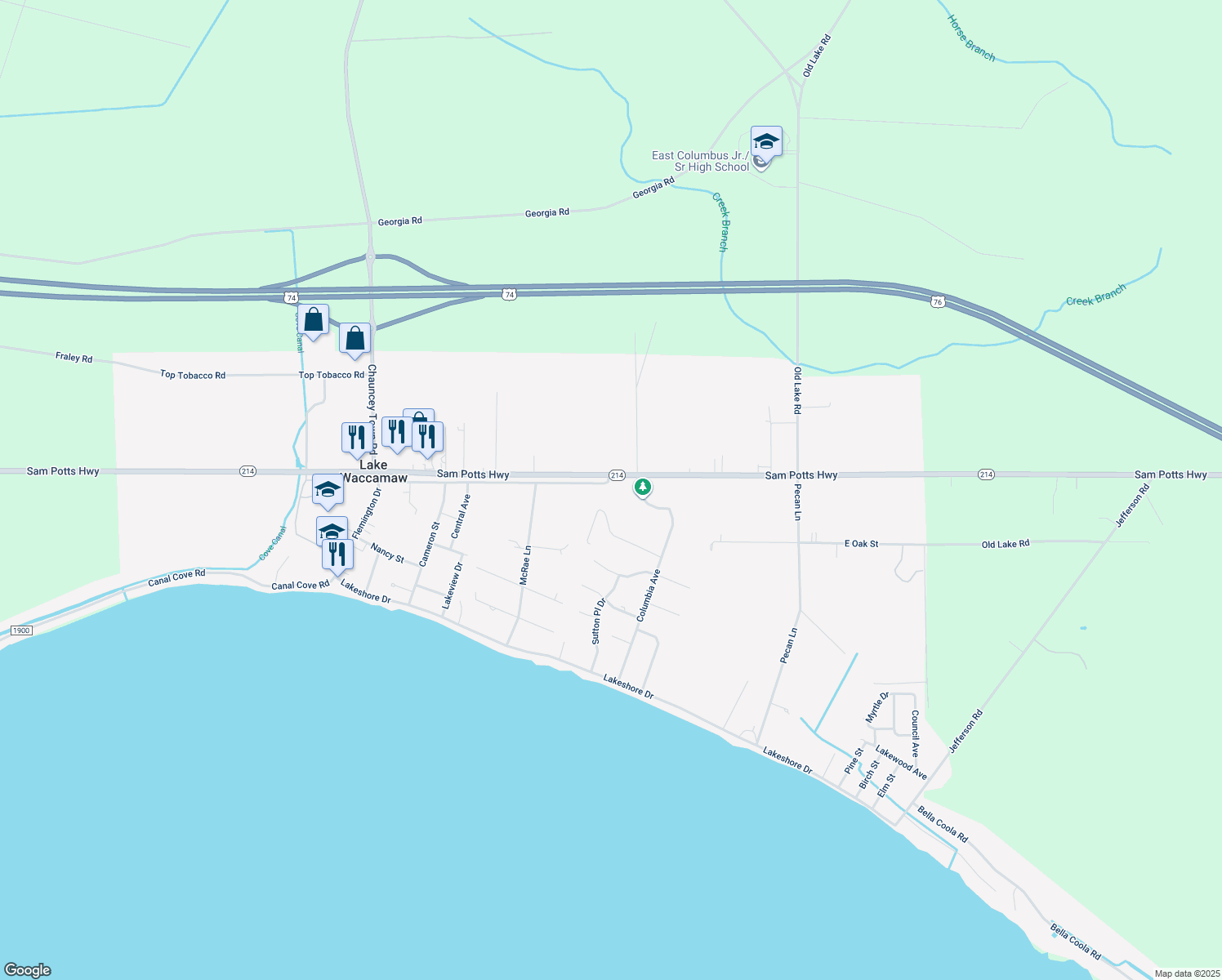 map of restaurants, bars, coffee shops, grocery stores, and more near 803 Church Street in Lake Waccamaw