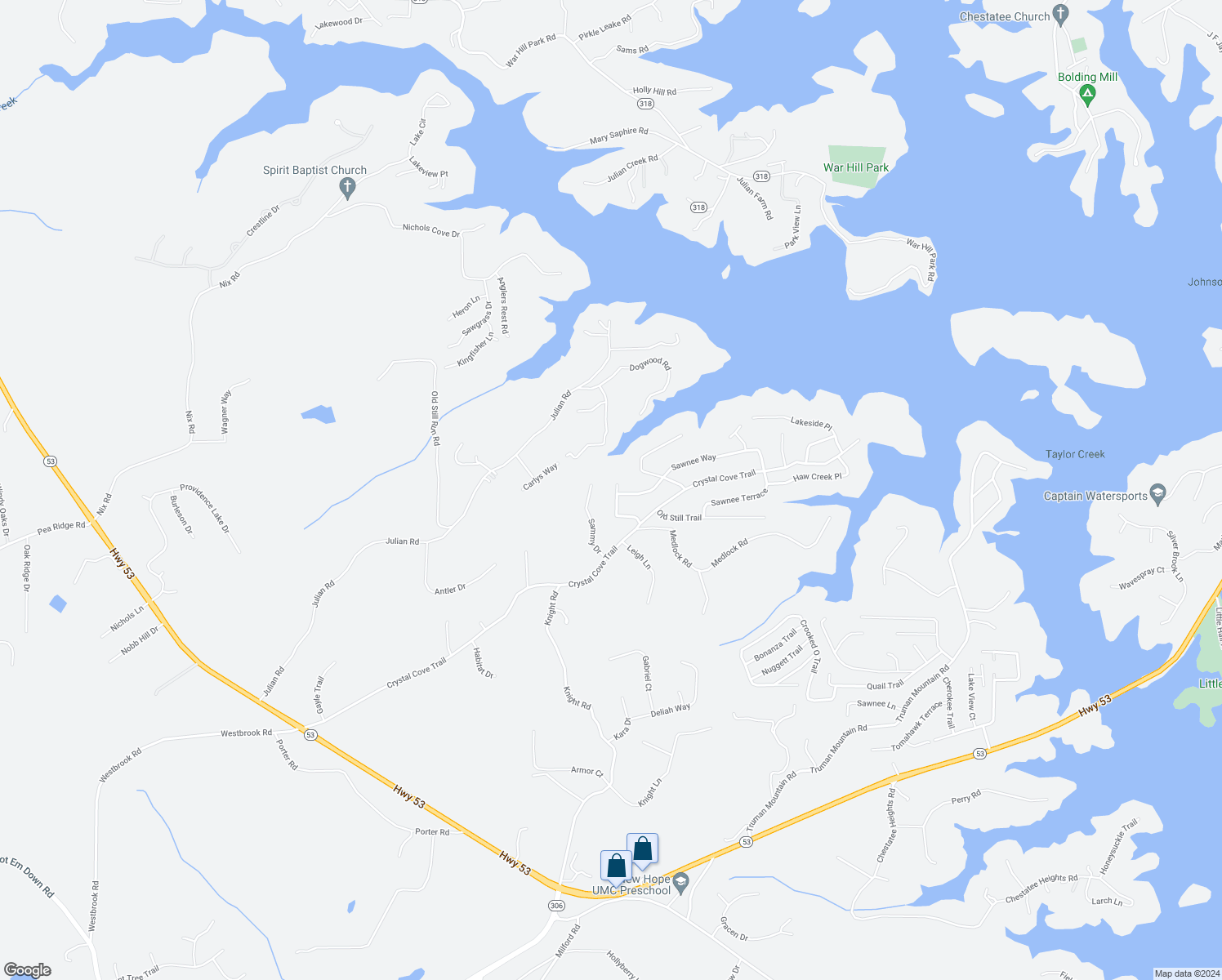map of restaurants, bars, coffee shops, grocery stores, and more near 6415 Dogwood Way in Gainesville