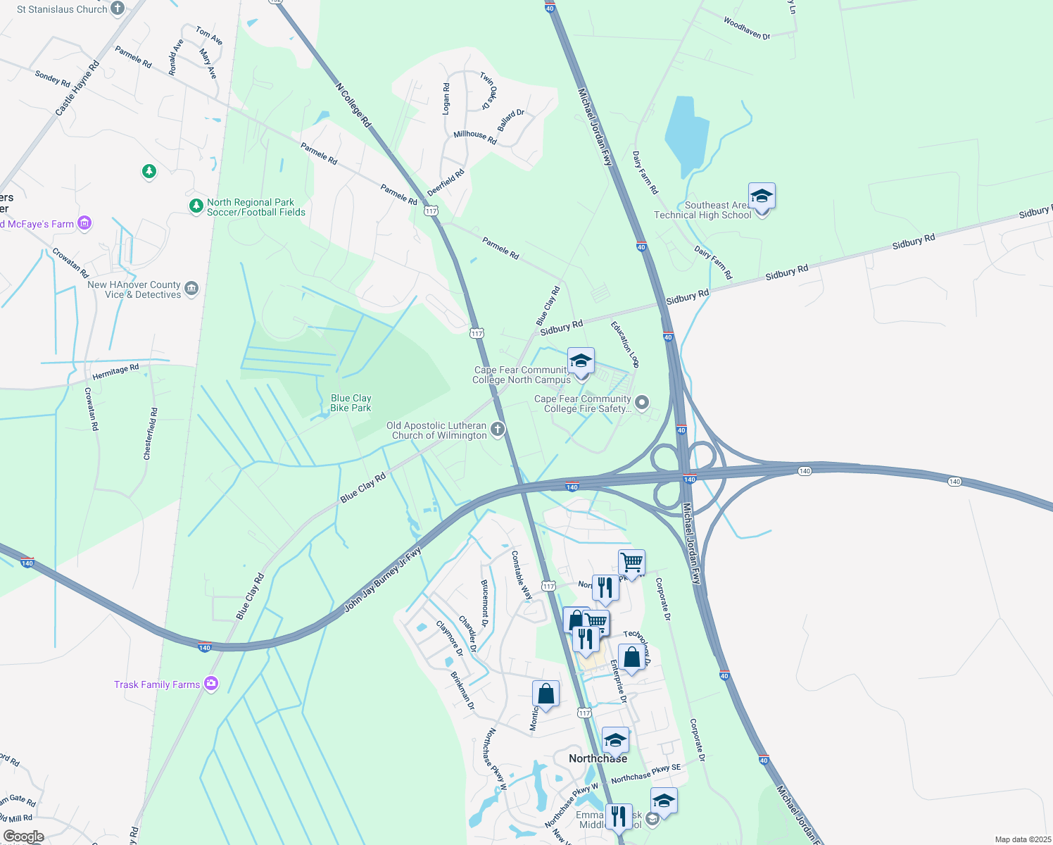 map of restaurants, bars, coffee shops, grocery stores, and more near 3821 Worthdale Drive in Castle Hayne
