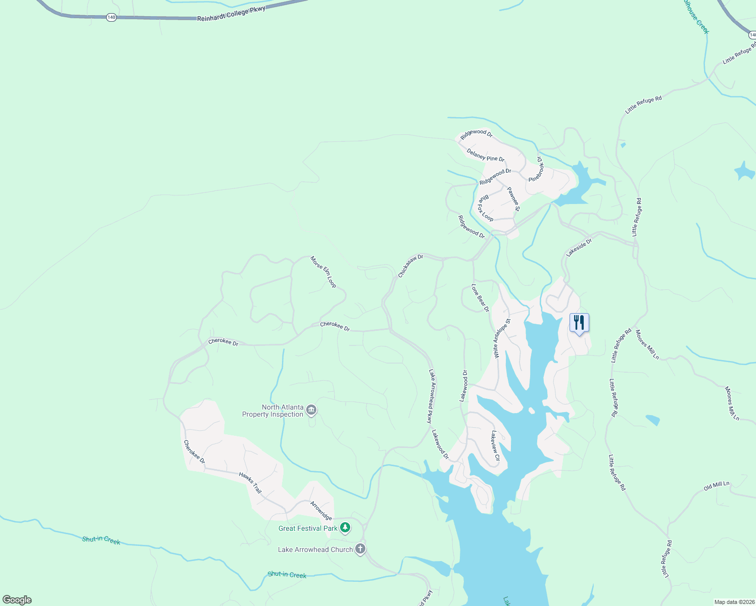 map of restaurants, bars, coffee shops, grocery stores, and more near 102 Jack Pine Court in Waleska