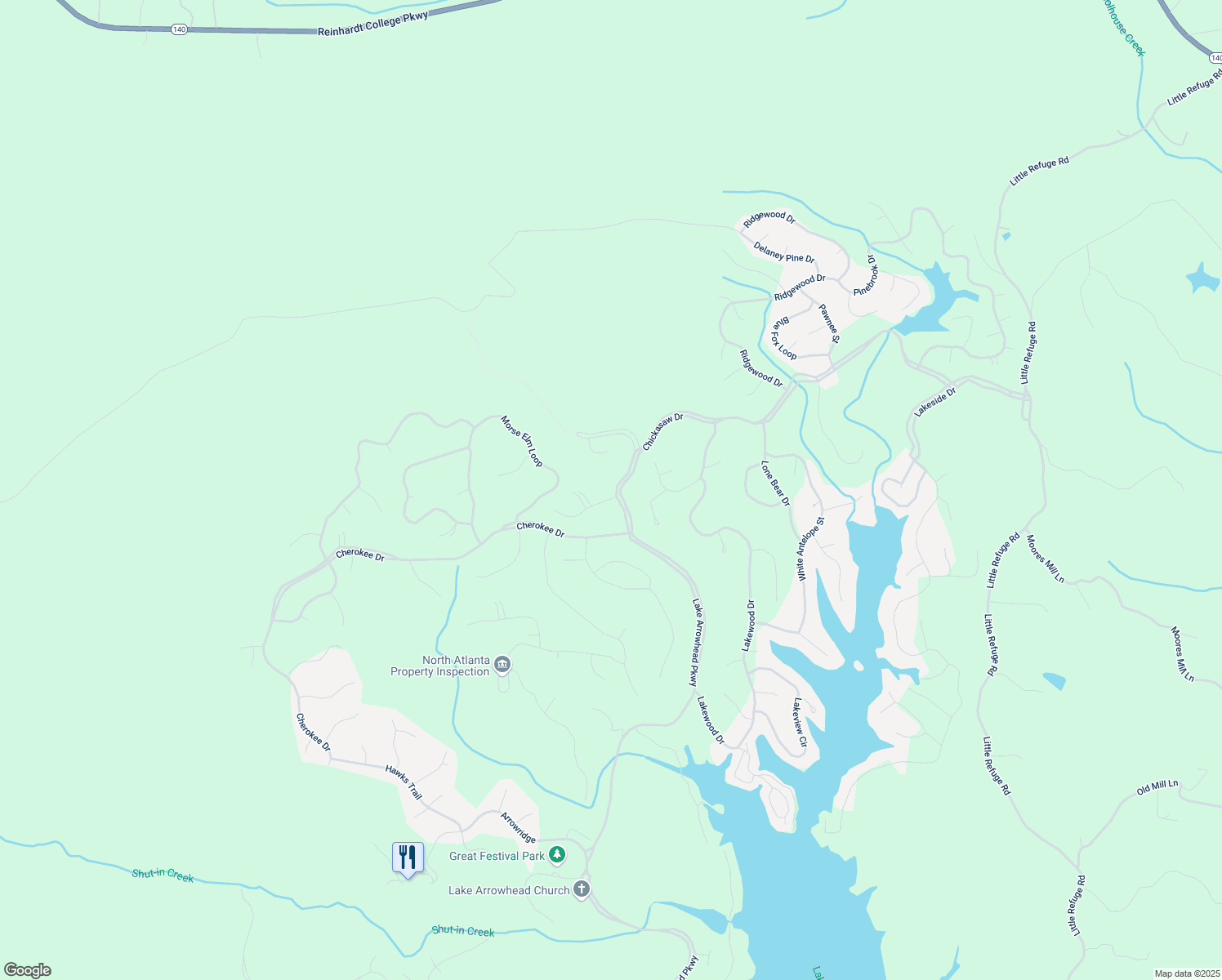 map of restaurants, bars, coffee shops, grocery stores, and more near 102 Jack Pine Court in Waleska