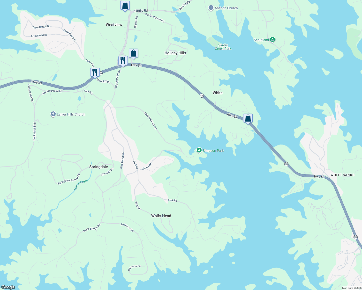 map of restaurants, bars, coffee shops, grocery stores, and more near 3129 Simpson Park Road in Gainesville