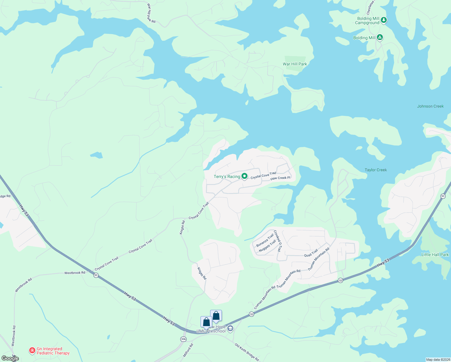 map of restaurants, bars, coffee shops, grocery stores, and more near 6515 Thunder Trail in Gainesville