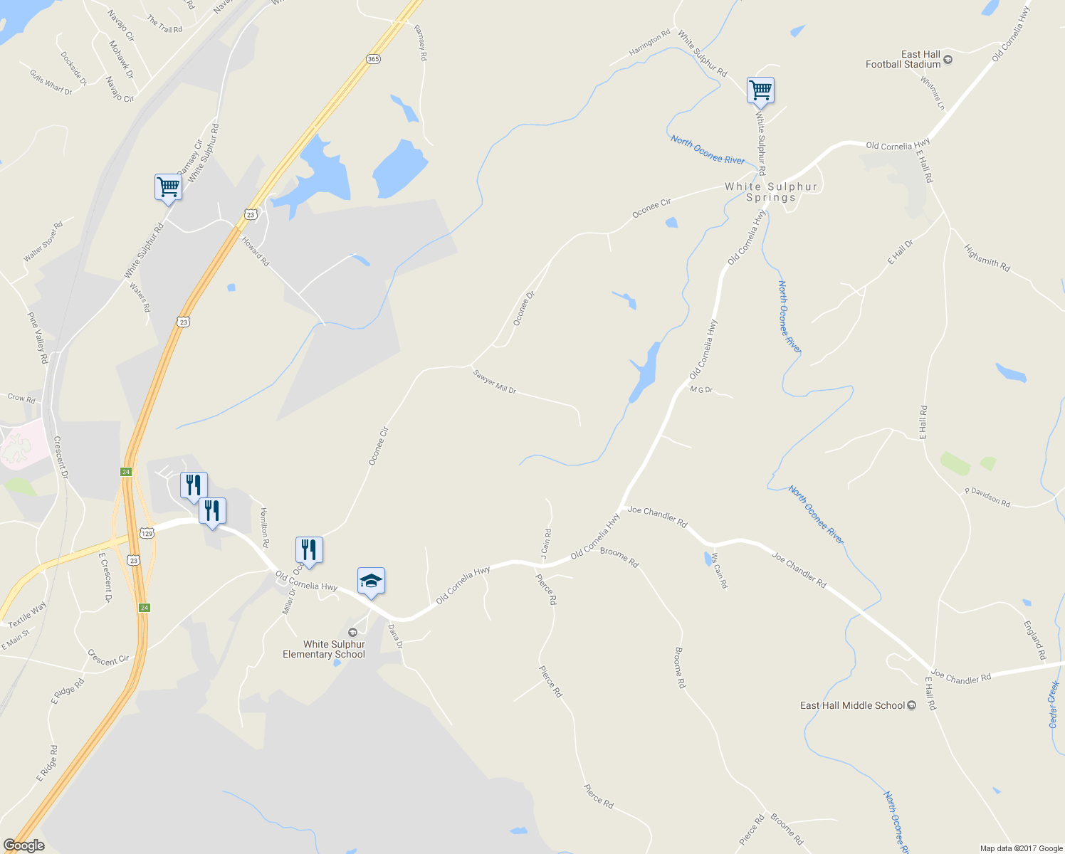 map of restaurants, bars, coffee shops, grocery stores, and more near 2782 Sawyer Mill Drive in Gainesville