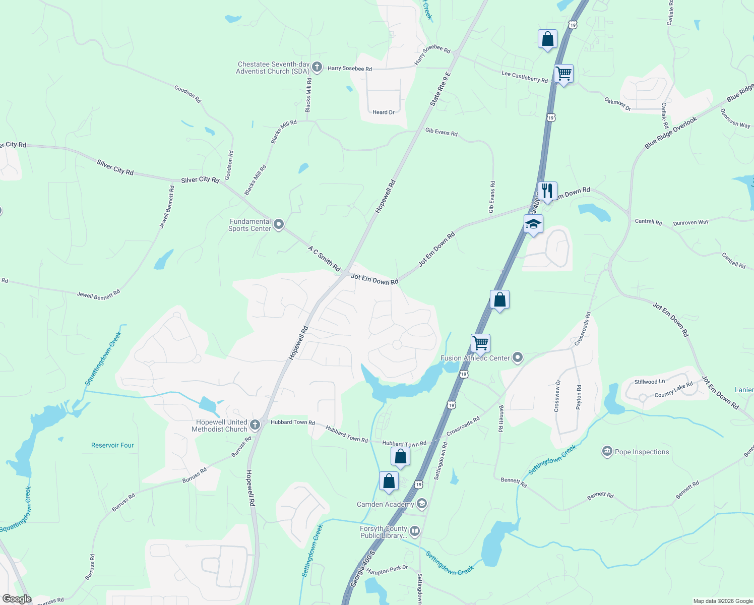map of restaurants, bars, coffee shops, grocery stores, and more near 4605 Sundance Cir in Cumming