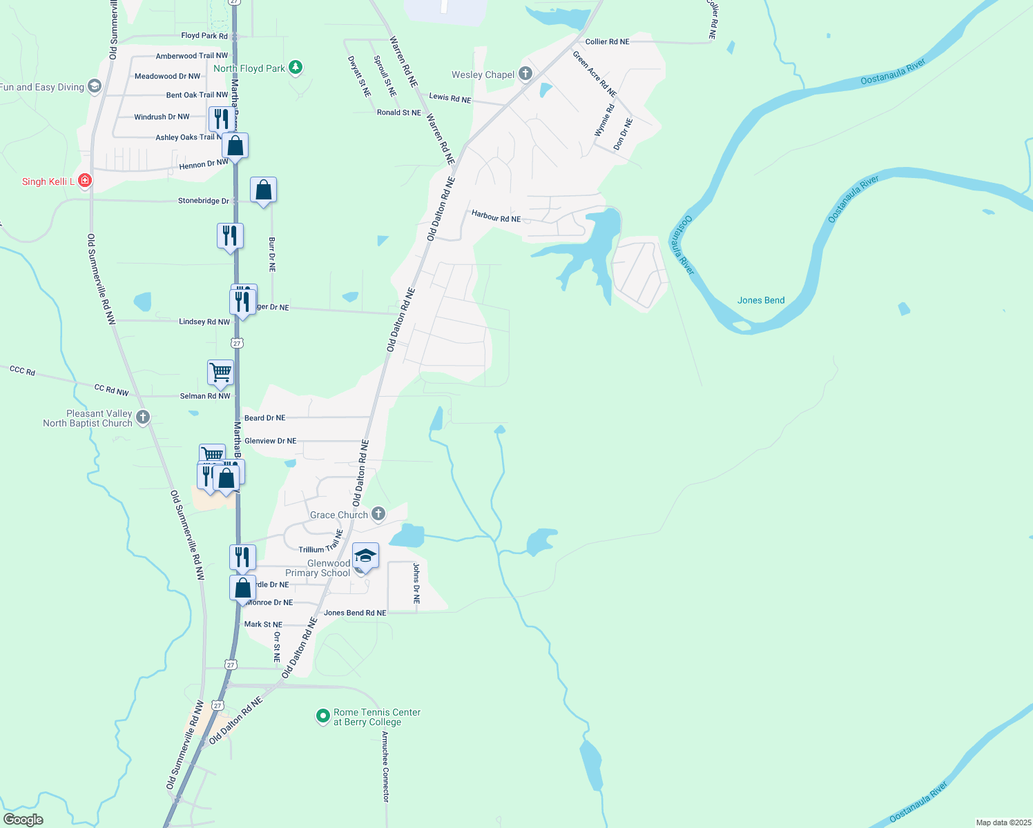 map of restaurants, bars, coffee shops, grocery stores, and more near 296 Painter Rd NE in Rome