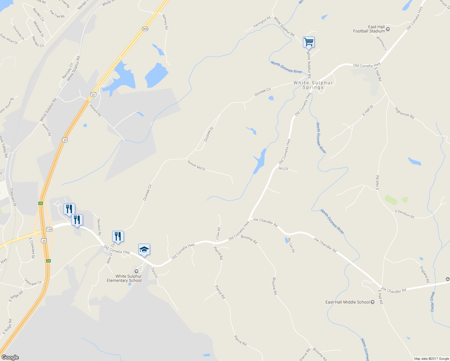 map of restaurants, bars, coffee shops, grocery stores, and more near 2808 Sawyer Mill Drive in Gainesville
