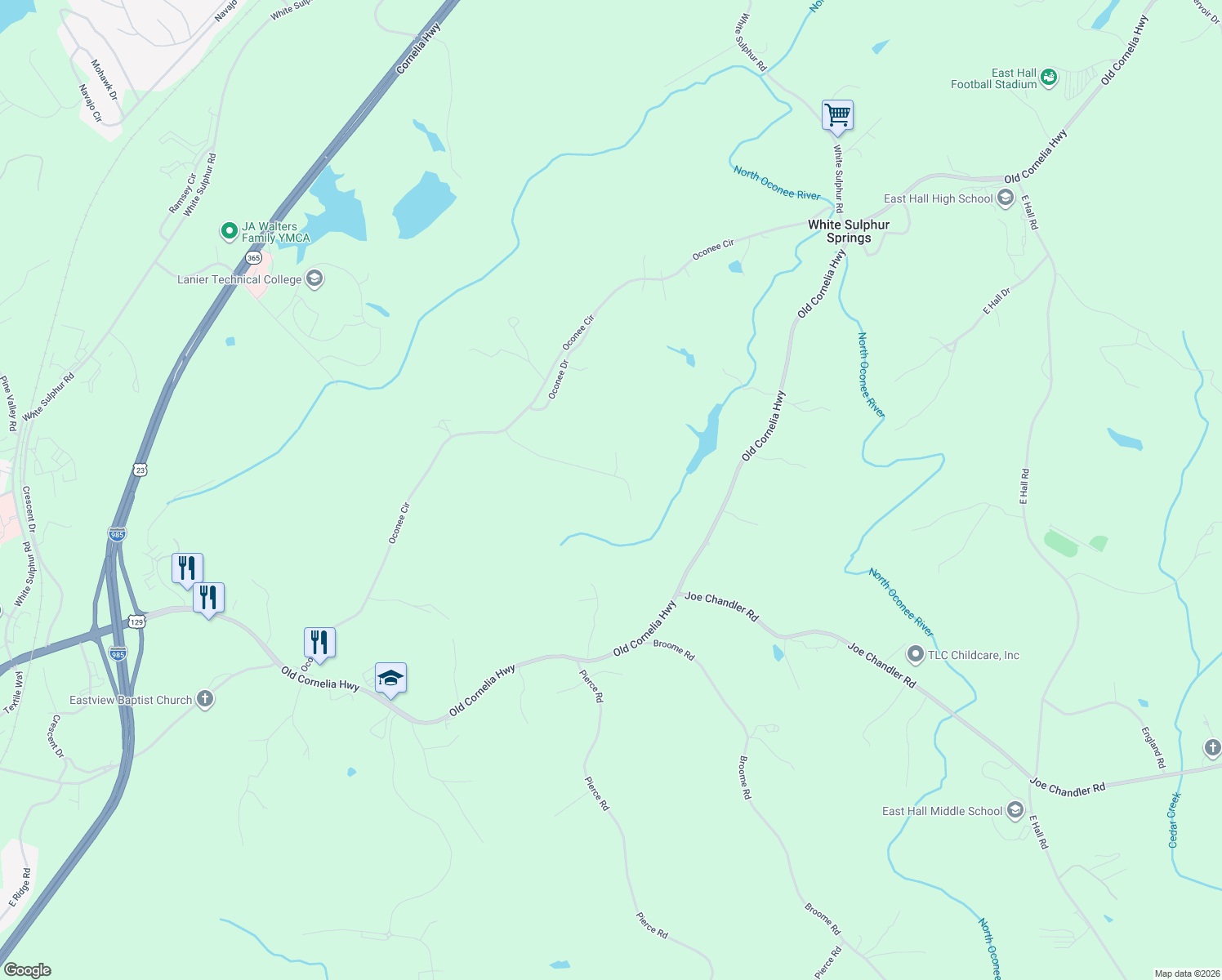 map of restaurants, bars, coffee shops, grocery stores, and more near 2808 Sawyer Mill Drive in Gainesville