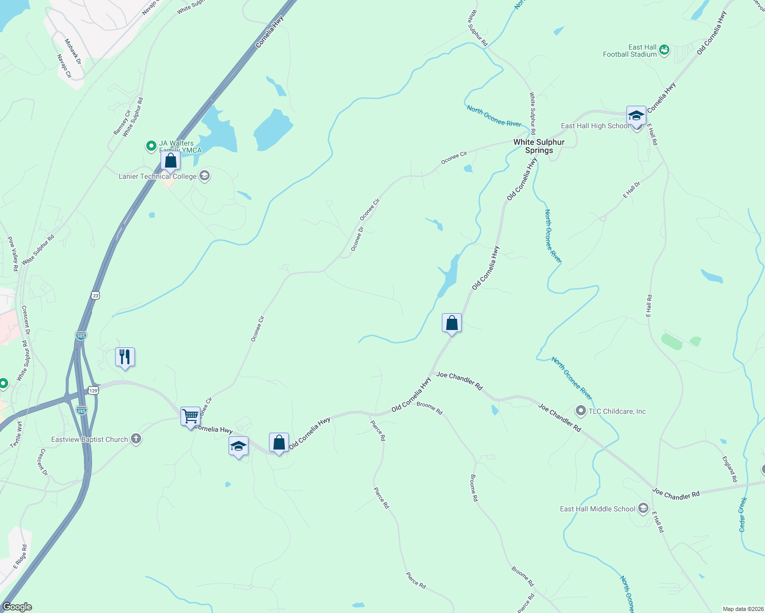 map of restaurants, bars, coffee shops, grocery stores, and more near 2794 Sawyer Mill Drive in Gainesville