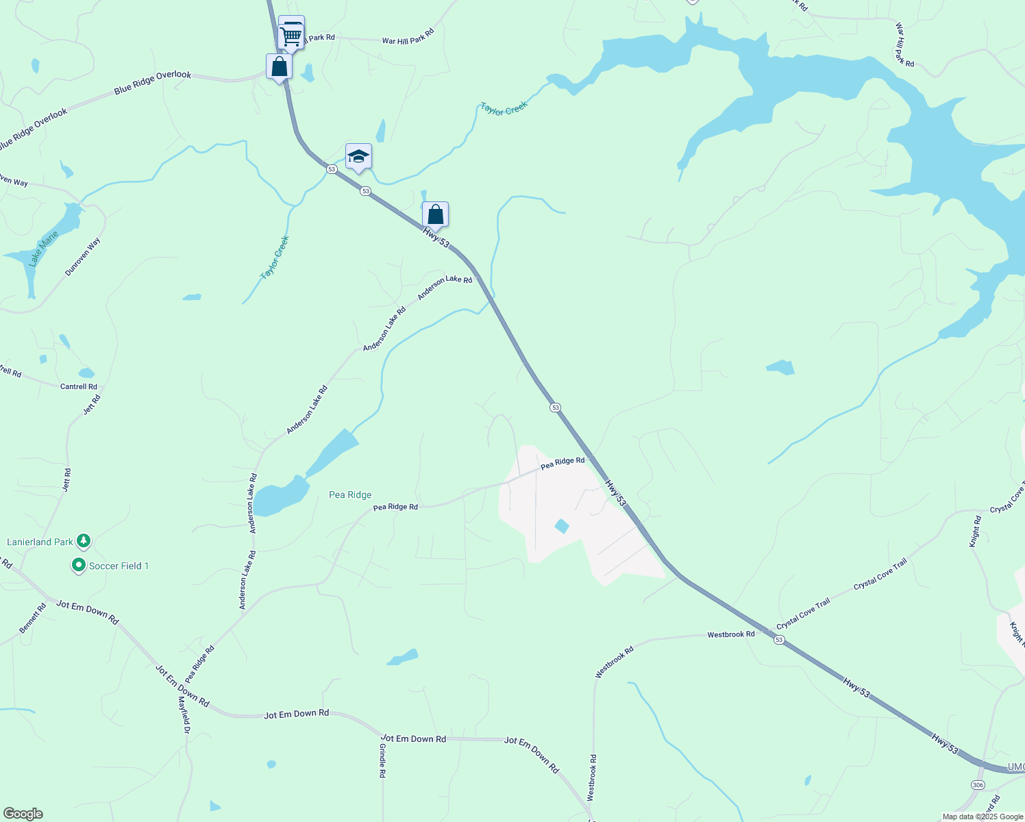 map of restaurants, bars, coffee shops, grocery stores, and more near 7380 Pea Ridge Place in Gainesville
