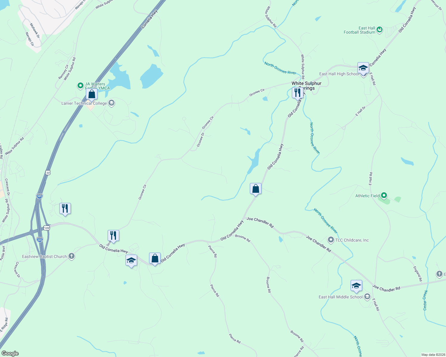 map of restaurants, bars, coffee shops, grocery stores, and more near 2821 Sawyer Mill Drive in Gainesville