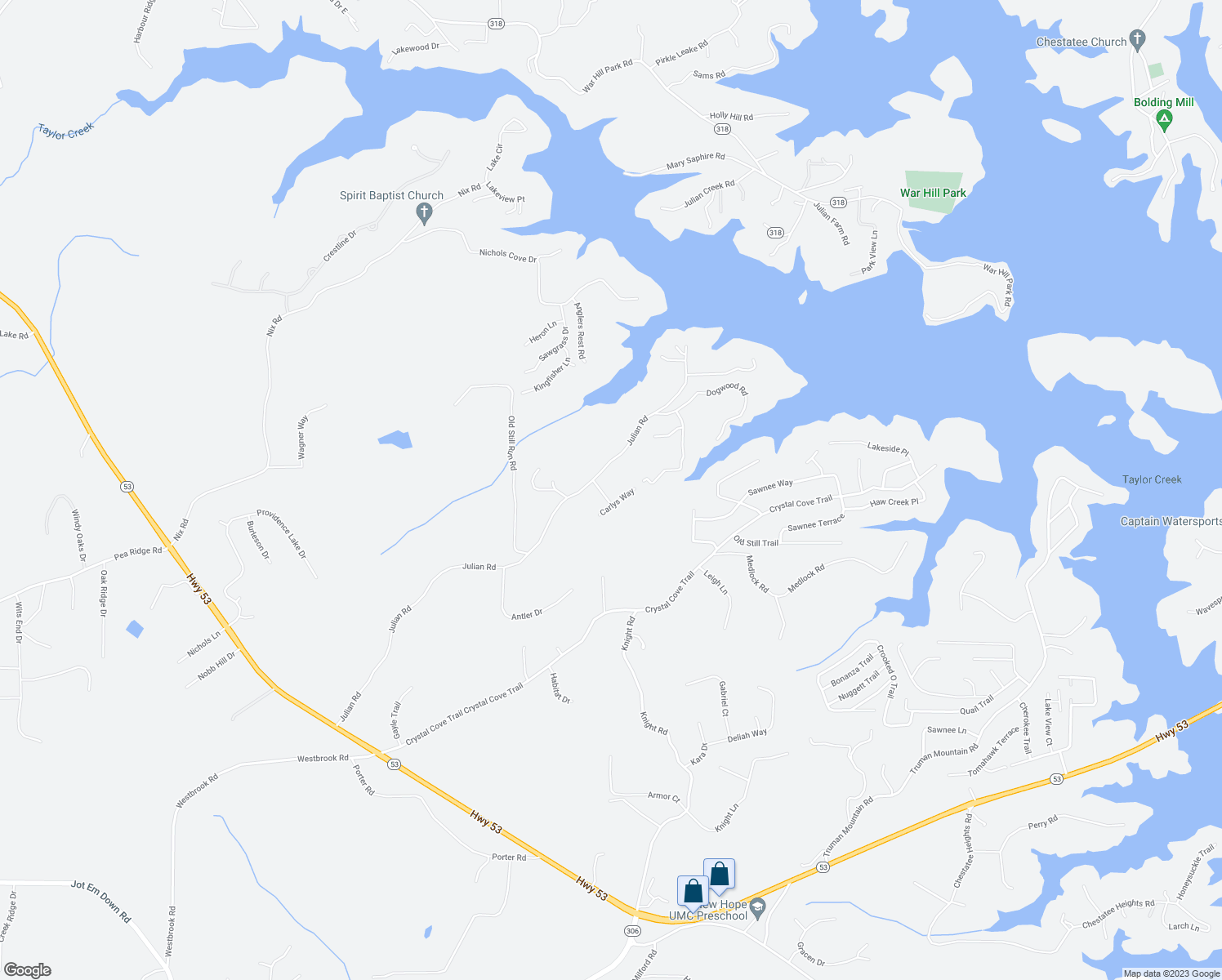 map of restaurants, bars, coffee shops, grocery stores, and more near 6255 Julian Ridge Road in Gainesville