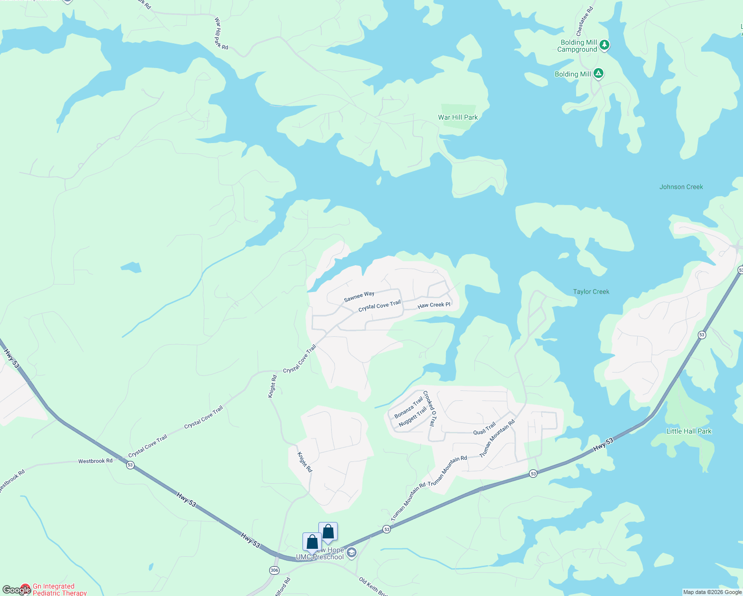 map of restaurants, bars, coffee shops, grocery stores, and more near 6710 Sawnee Way in Gainesville