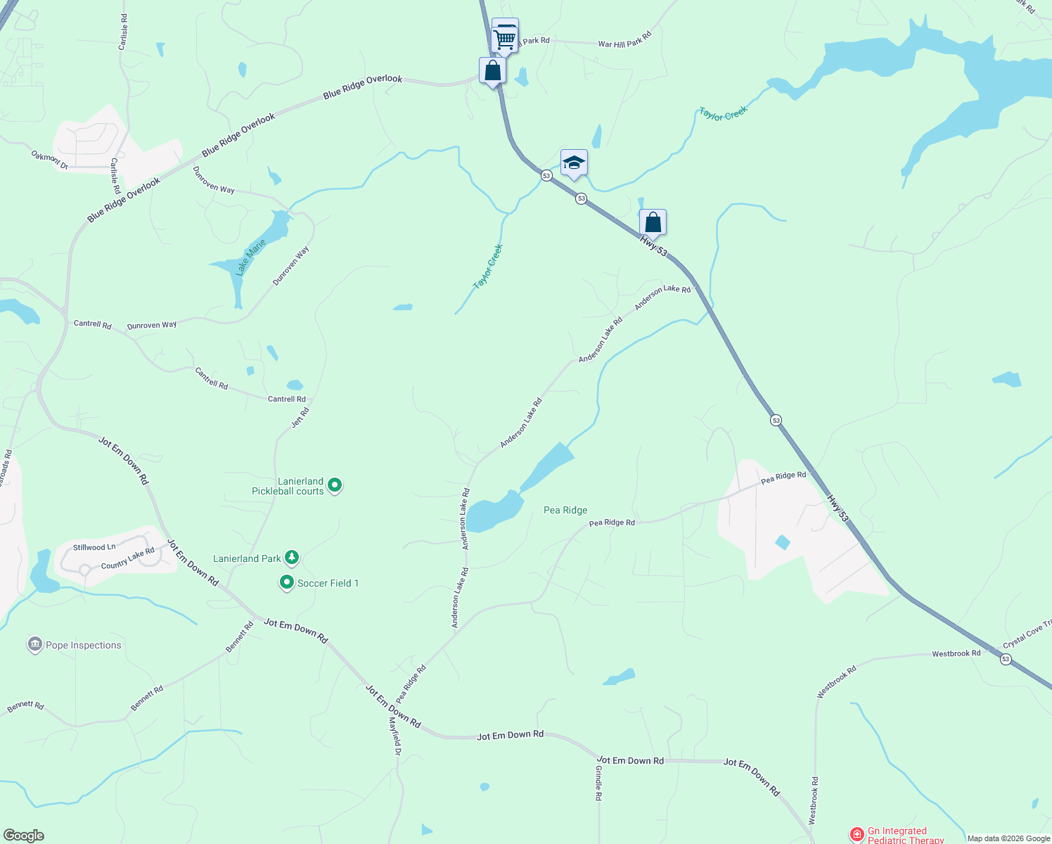 map of restaurants, bars, coffee shops, grocery stores, and more near 6985 Anderson Lake Road in Dawsonville