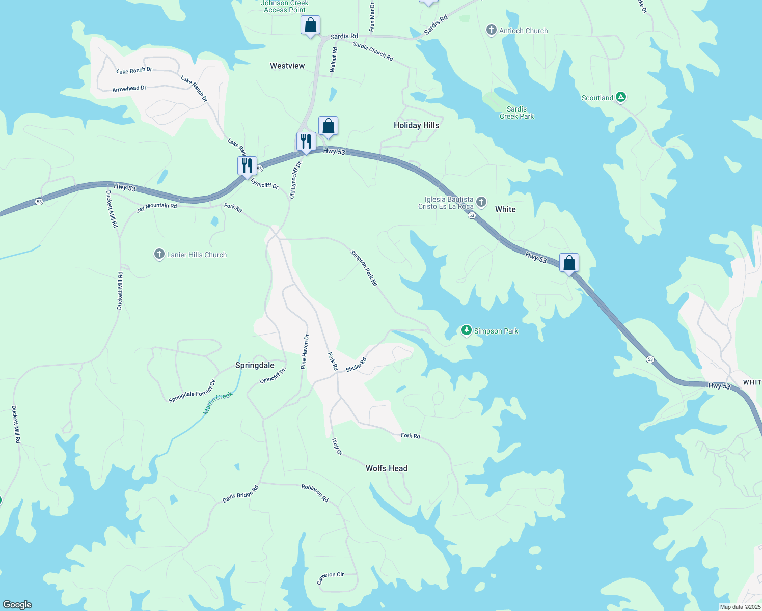map of restaurants, bars, coffee shops, grocery stores, and more near 3074 Simpson Park Road in Gainesville