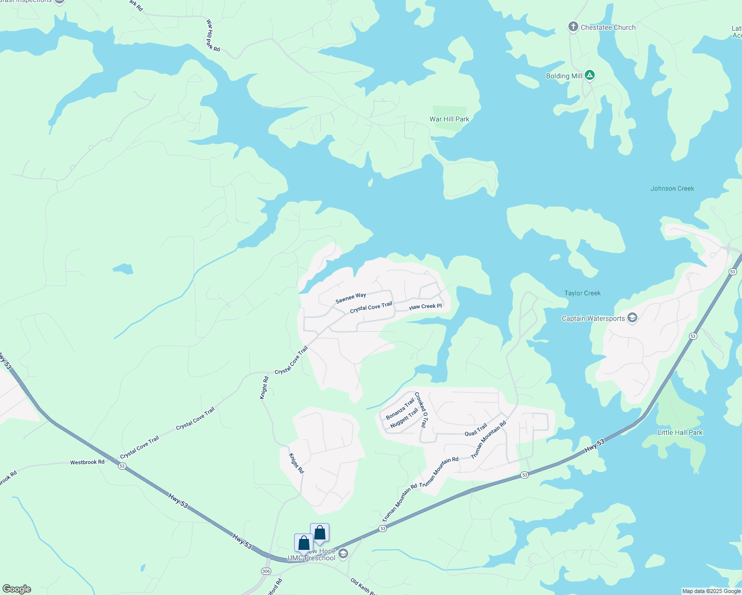 map of restaurants, bars, coffee shops, grocery stores, and more near 6740 Sawnee Way in Gainesville