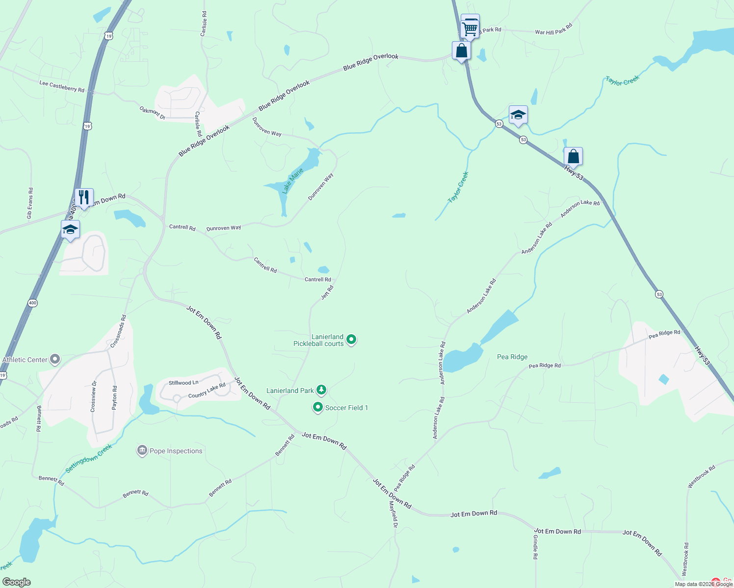 map of restaurants, bars, coffee shops, grocery stores, and more near 6380 Jett Road in Dawsonville