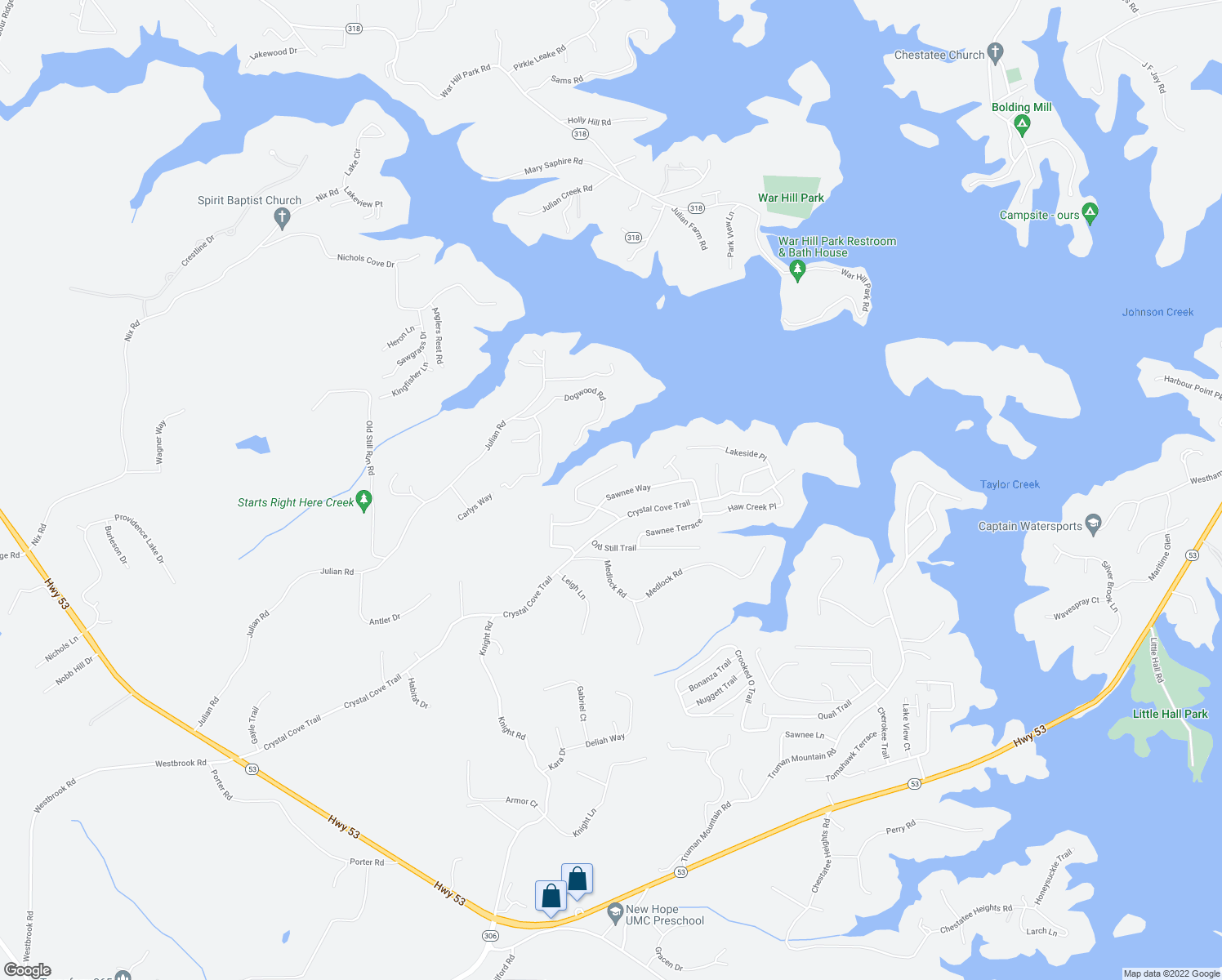 map of restaurants, bars, coffee shops, grocery stores, and more near 6635 Sawnee Way in Gainesville