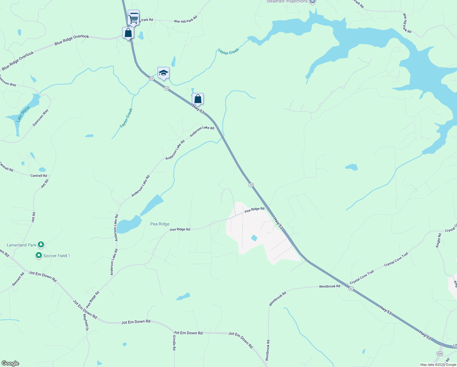 map of restaurants, bars, coffee shops, grocery stores, and more near 7380 Pea Ridge Place in Gainesville