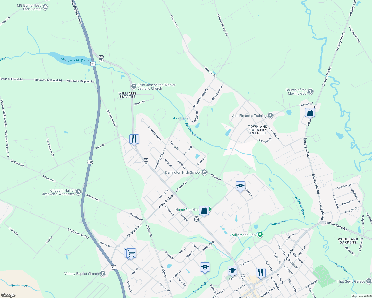 map of restaurants, bars, coffee shops, grocery stores, and more near 307 Spears St in Darlington