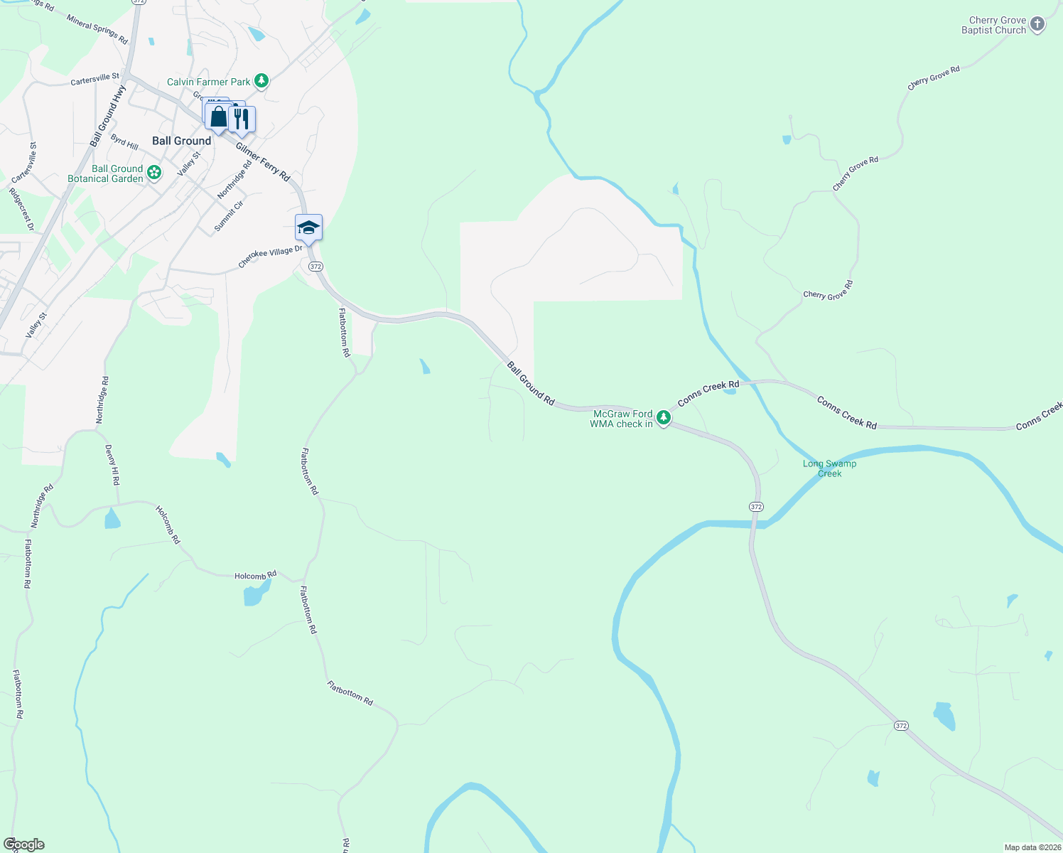 map of restaurants, bars, coffee shops, grocery stores, and more near 223 Hawkins Farm Circle in Ball Ground