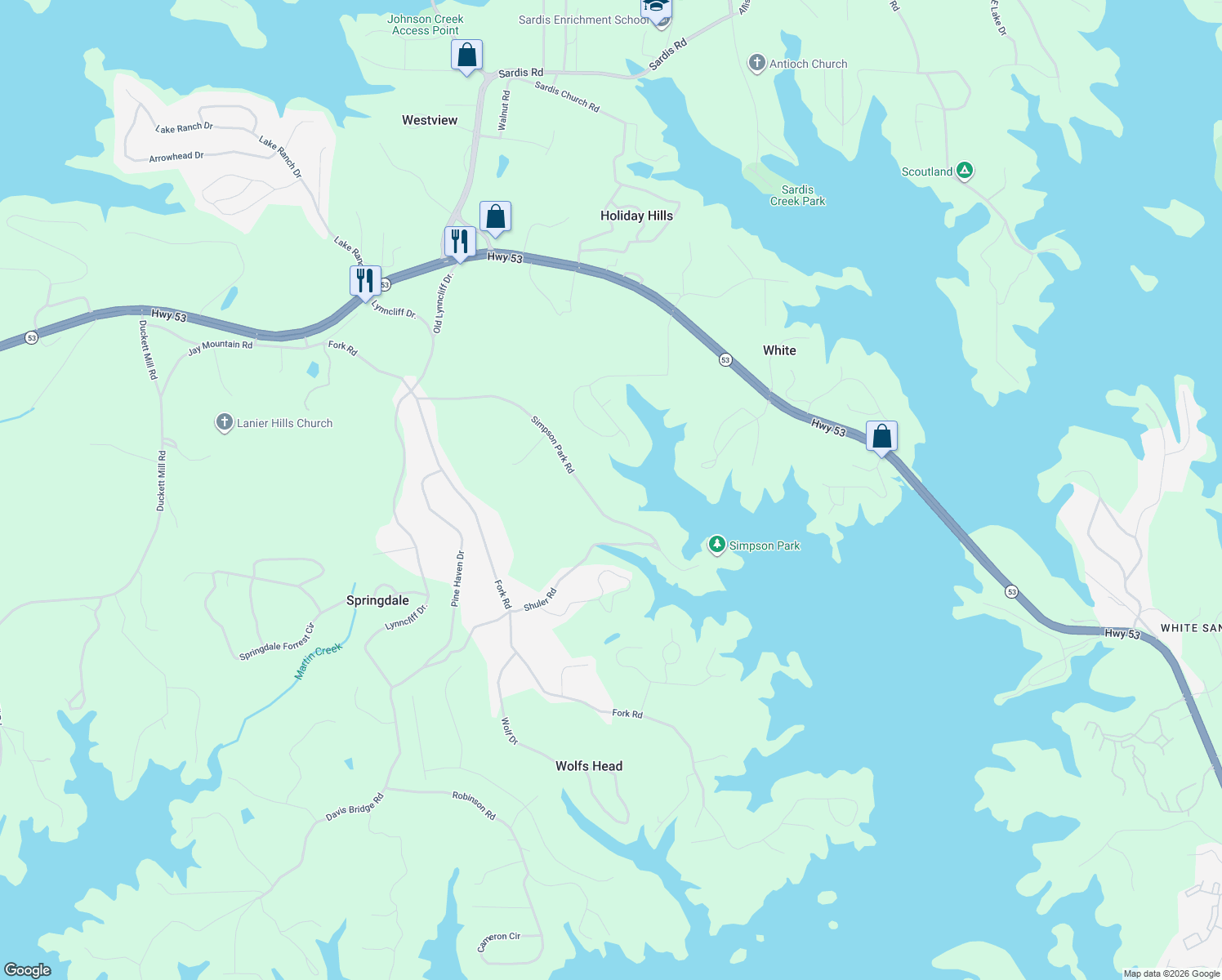 map of restaurants, bars, coffee shops, grocery stores, and more near 3074 Simpson Park Road in Gainesville