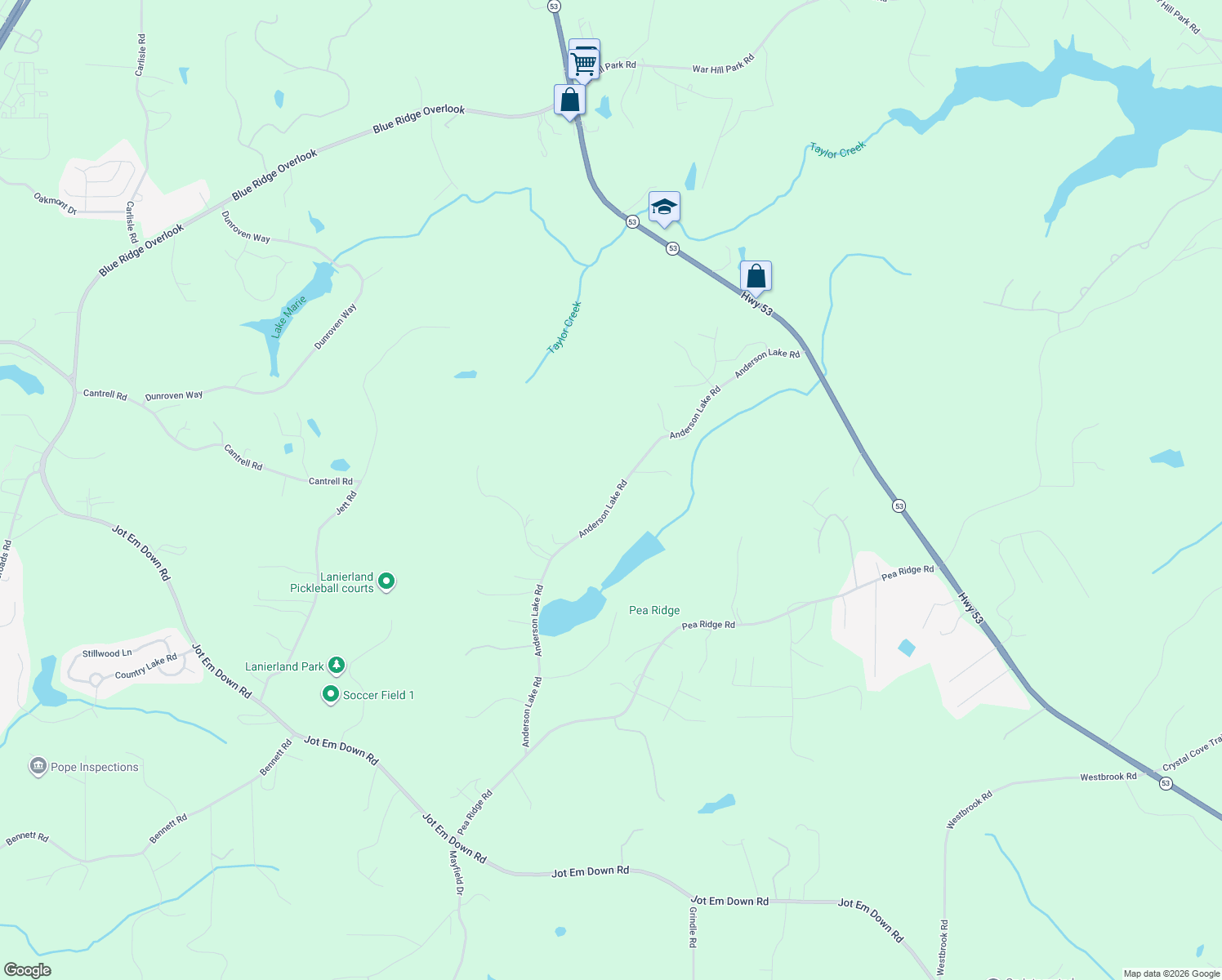 map of restaurants, bars, coffee shops, grocery stores, and more near 6985 Anderson Lake Road in Dawsonville