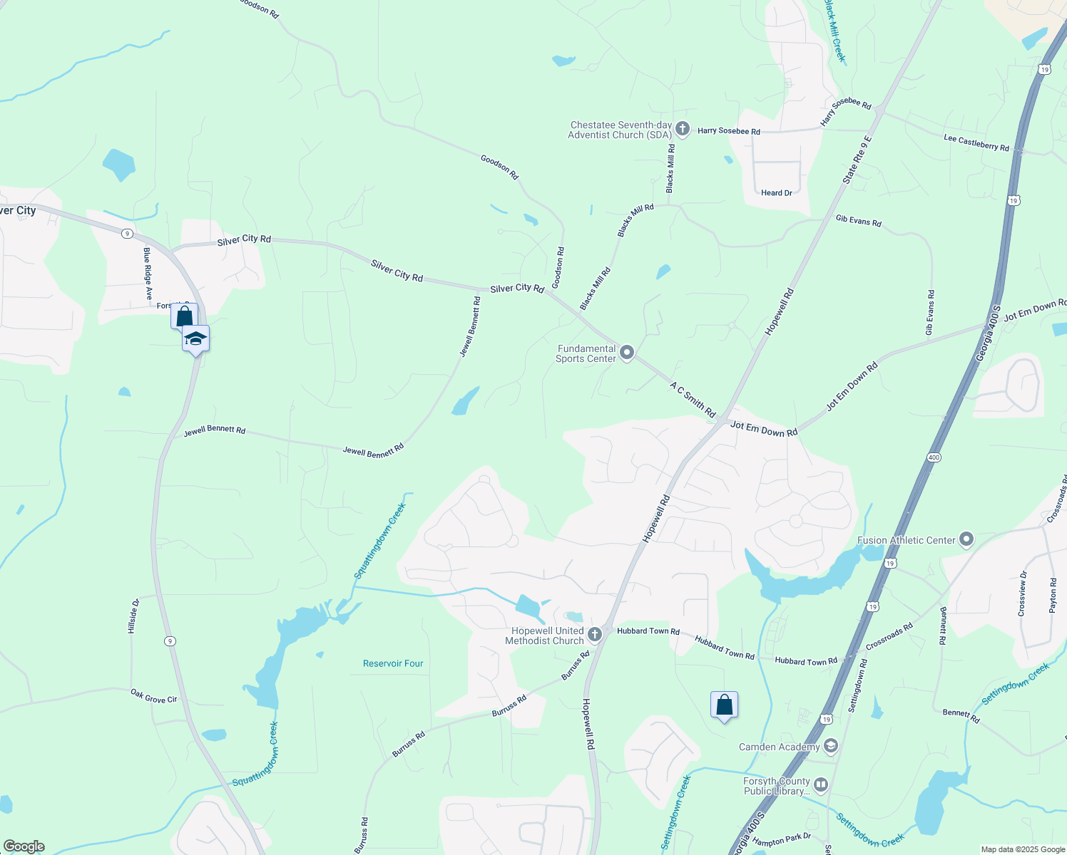 map of restaurants, bars, coffee shops, grocery stores, and more near 7820 Silver Creek Road in Dawsonville