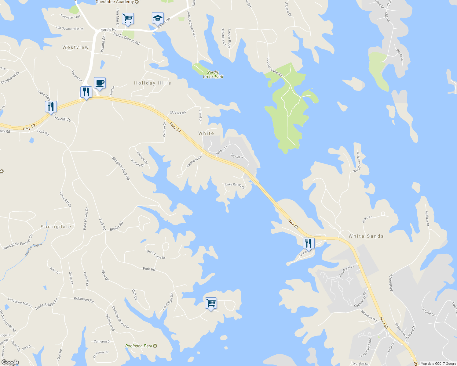 map of restaurants, bars, coffee shops, grocery stores, and more near 2248 Lake Ranch Court in Gainesville