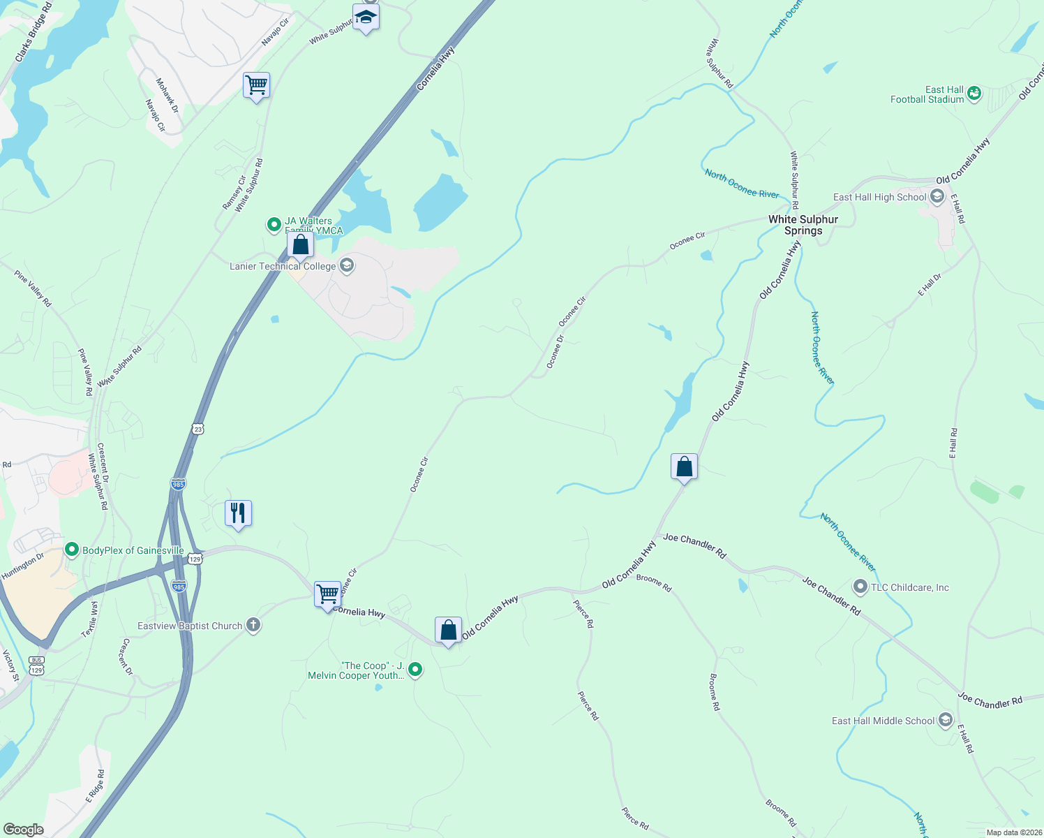 map of restaurants, bars, coffee shops, grocery stores, and more near 2736 Sawyer Mill Drive in Gainesville