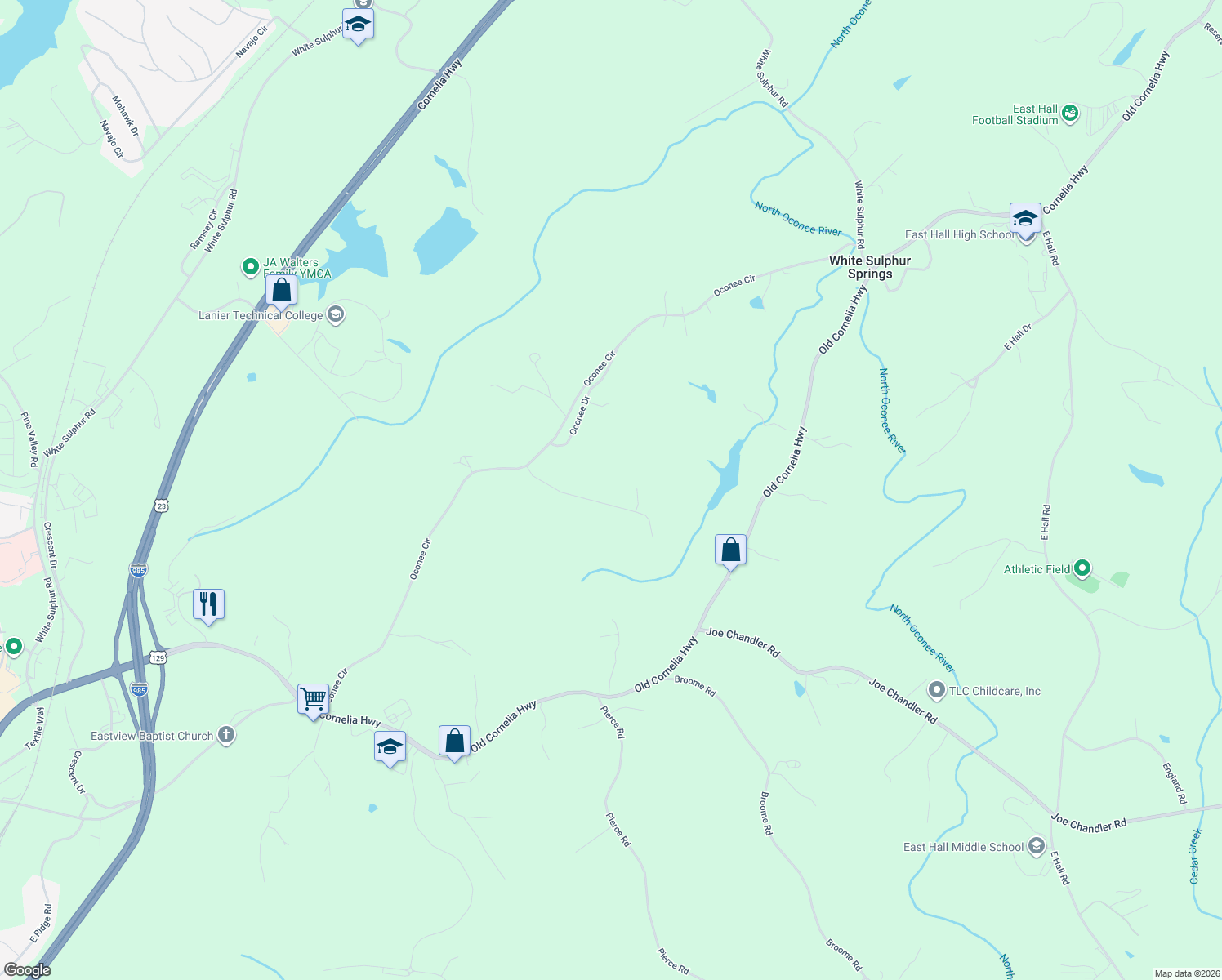 map of restaurants, bars, coffee shops, grocery stores, and more near 2777 Sawyer Mill Drive in Gainesville
