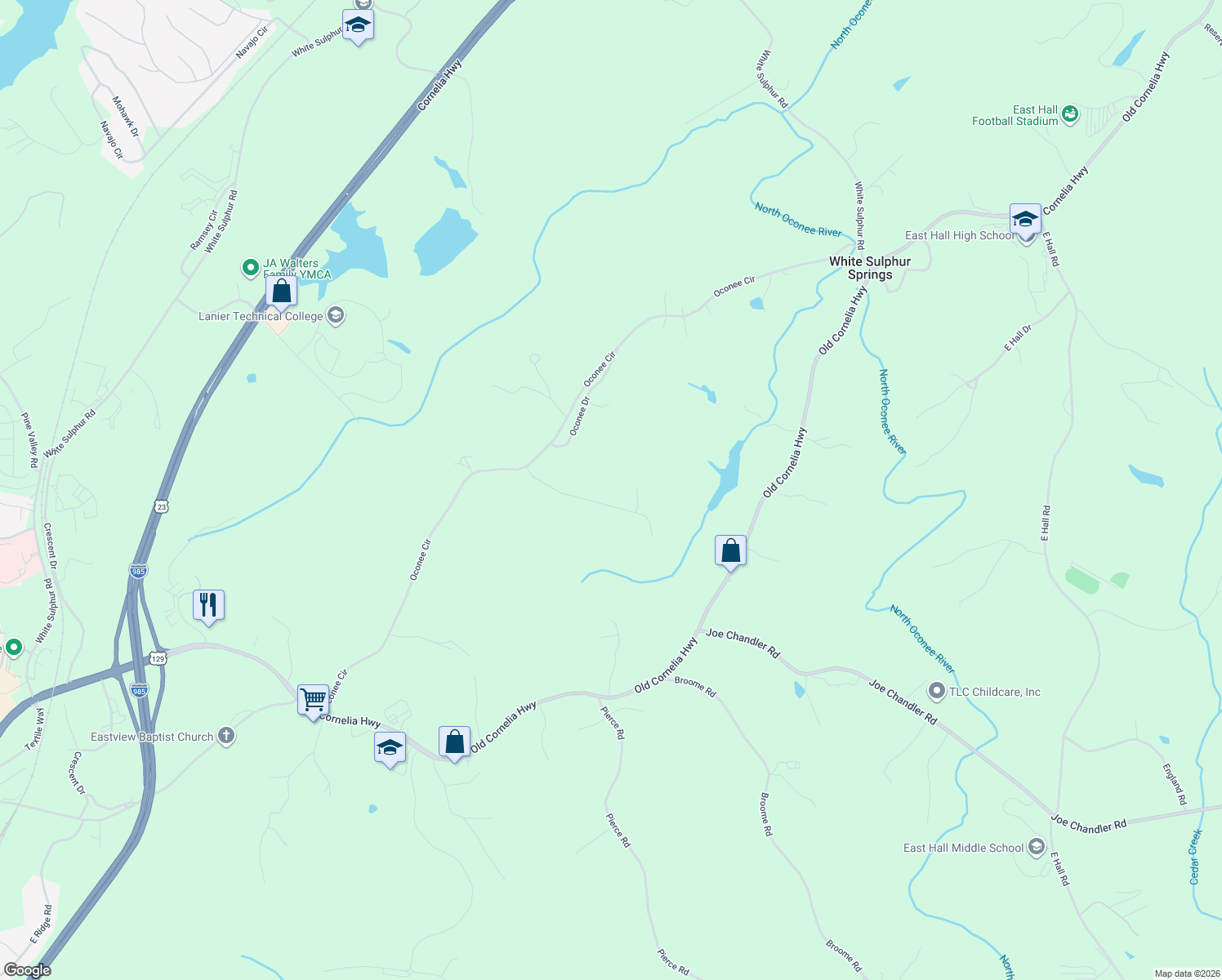 map of restaurants, bars, coffee shops, grocery stores, and more near 2777 Sawyer Mill Drive in Gainesville