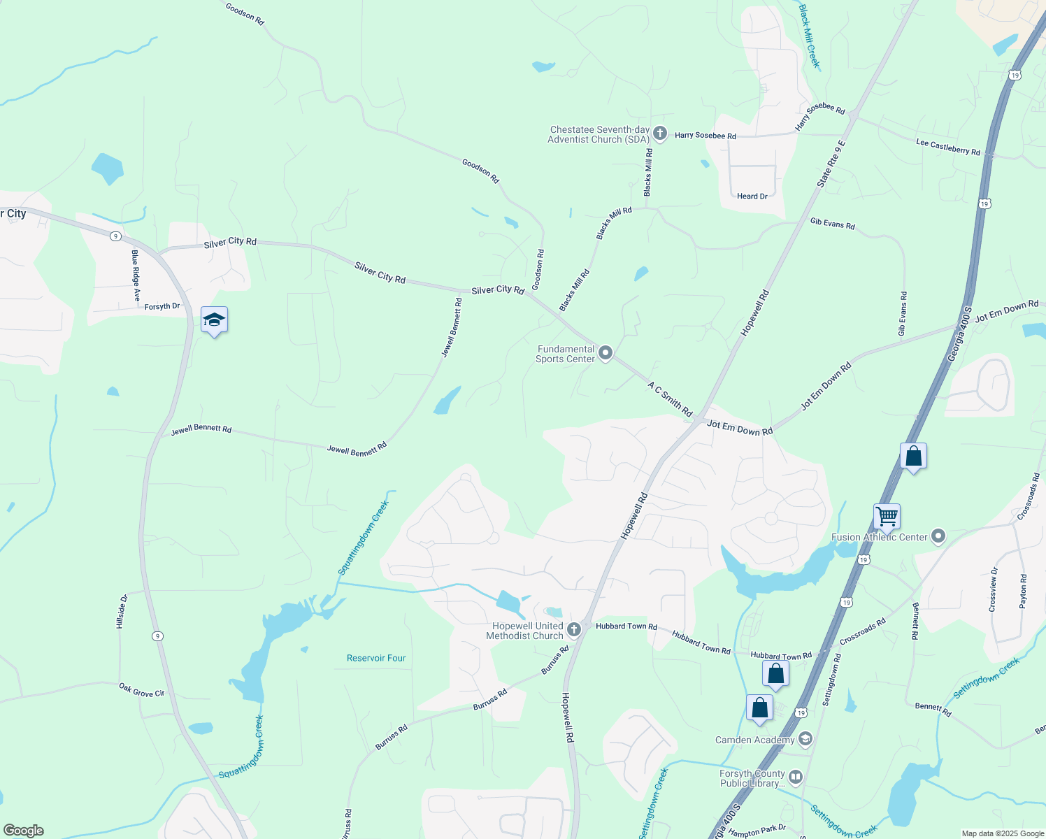 map of restaurants, bars, coffee shops, grocery stores, and more near 7820 Silver Creek Road in Dawsonville