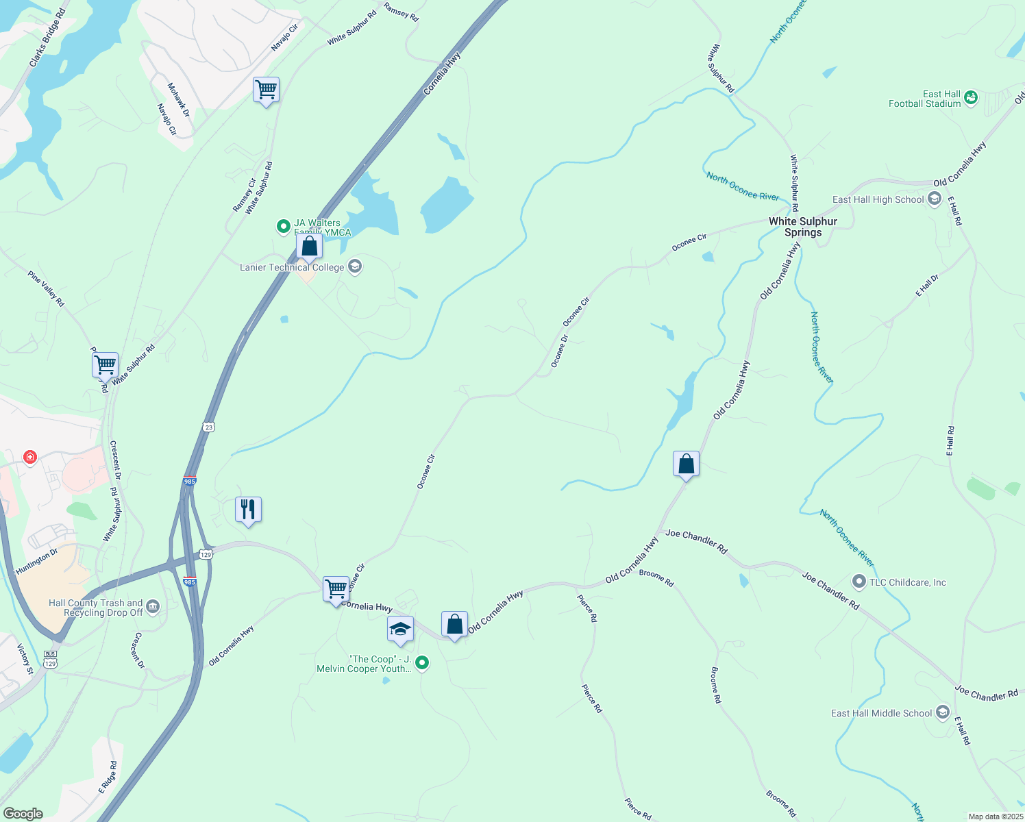 map of restaurants, bars, coffee shops, grocery stores, and more near 2712 Sawyer Mill Drive in Gainesville