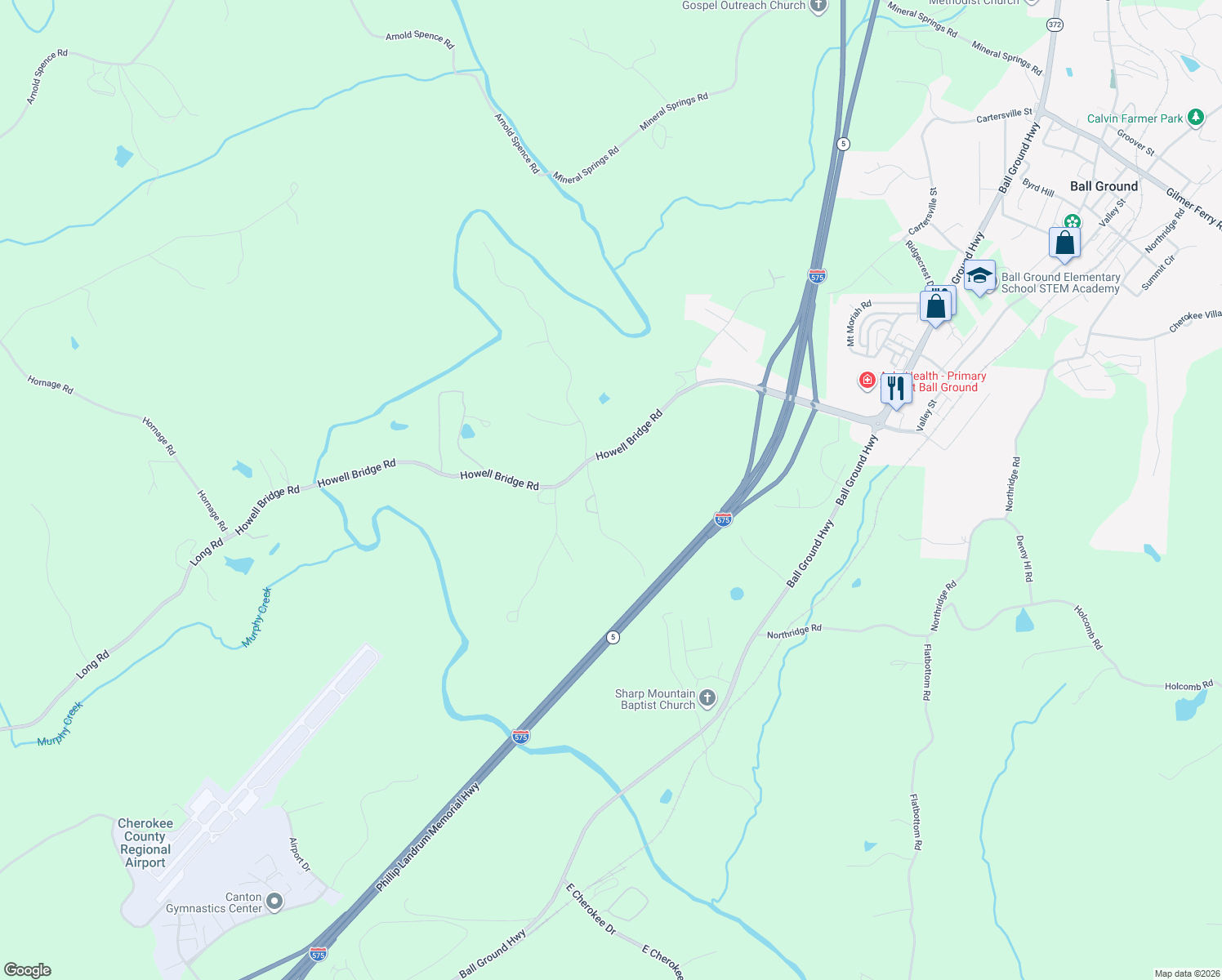 map of restaurants, bars, coffee shops, grocery stores, and more near 201 North Sharp Mountain Church Lane in Ball Ground