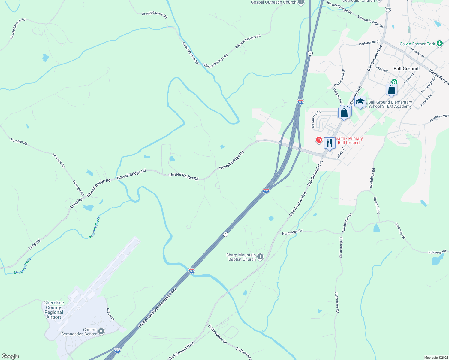 map of restaurants, bars, coffee shops, grocery stores, and more near 201 North Sharp Mountain Church Lane in Ball Ground