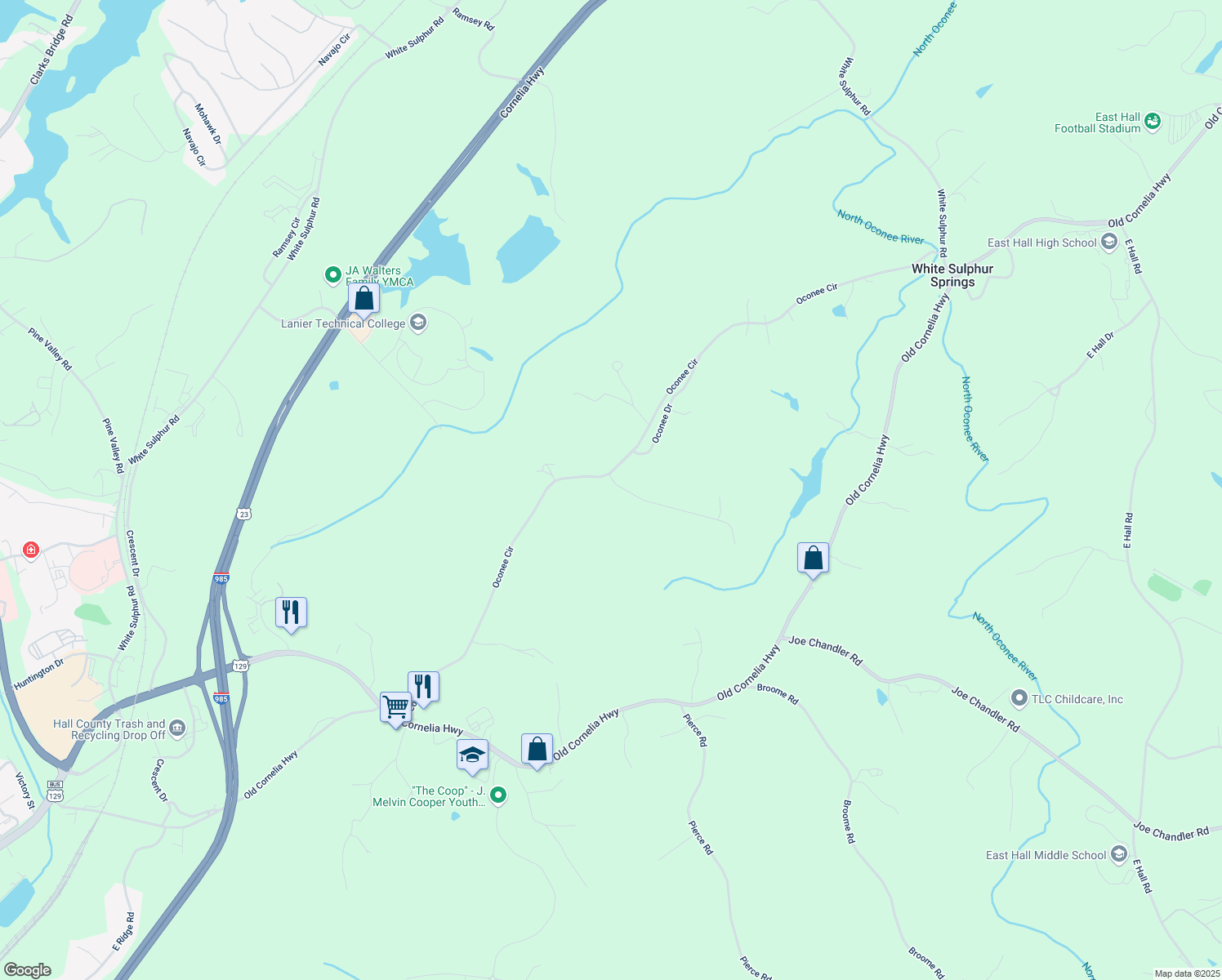 map of restaurants, bars, coffee shops, grocery stores, and more near 2712 Sawyer Mill Drive in Gainesville