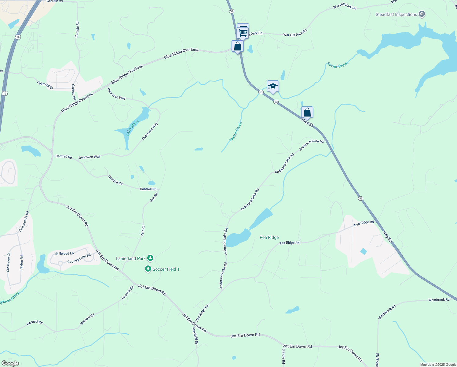 map of restaurants, bars, coffee shops, grocery stores, and more near 7175 Anderson Lake Road in Dawsonville