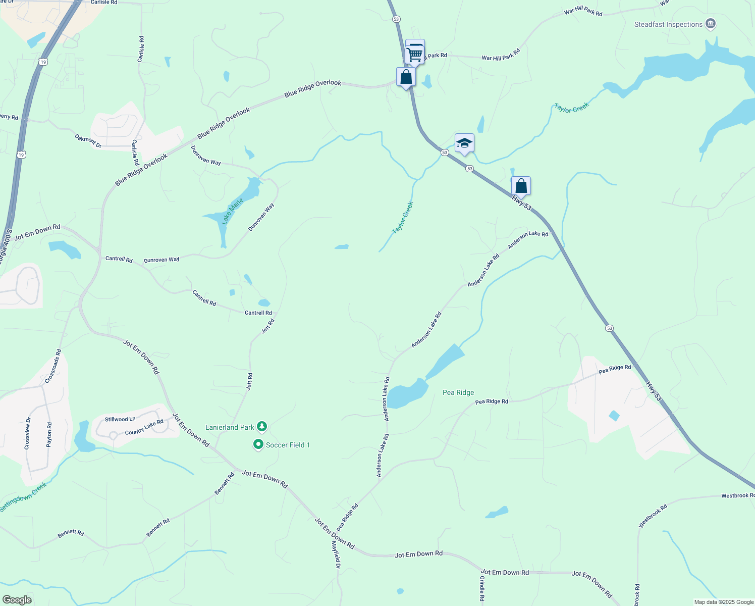 map of restaurants, bars, coffee shops, grocery stores, and more near 7175 Anderson Lake Road in Dawsonville