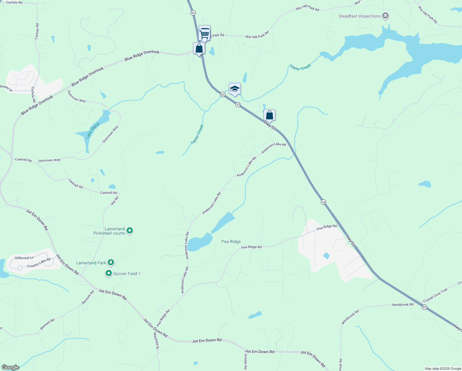 map of restaurants, bars, coffee shops, grocery stores, and more near 7240 Anderson Lake Road in Dawsonville