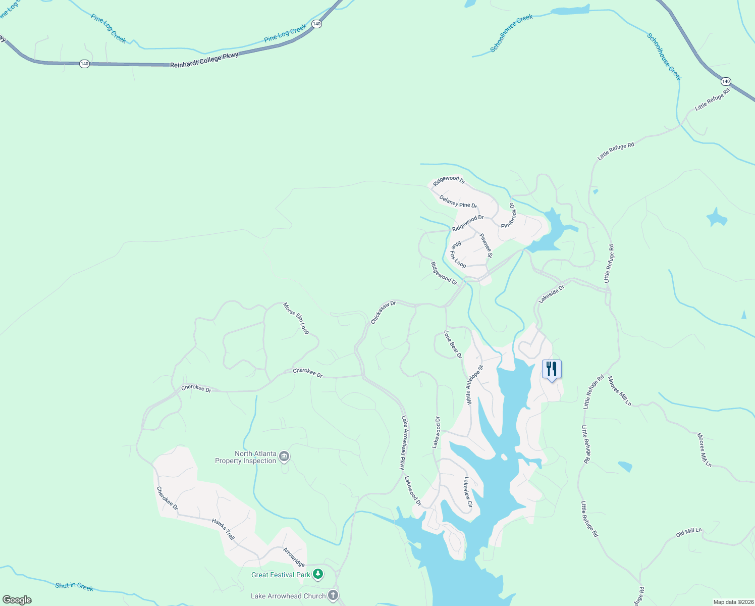 map of restaurants, bars, coffee shops, grocery stores, and more near 302 Chickasaw Drive in Waleska