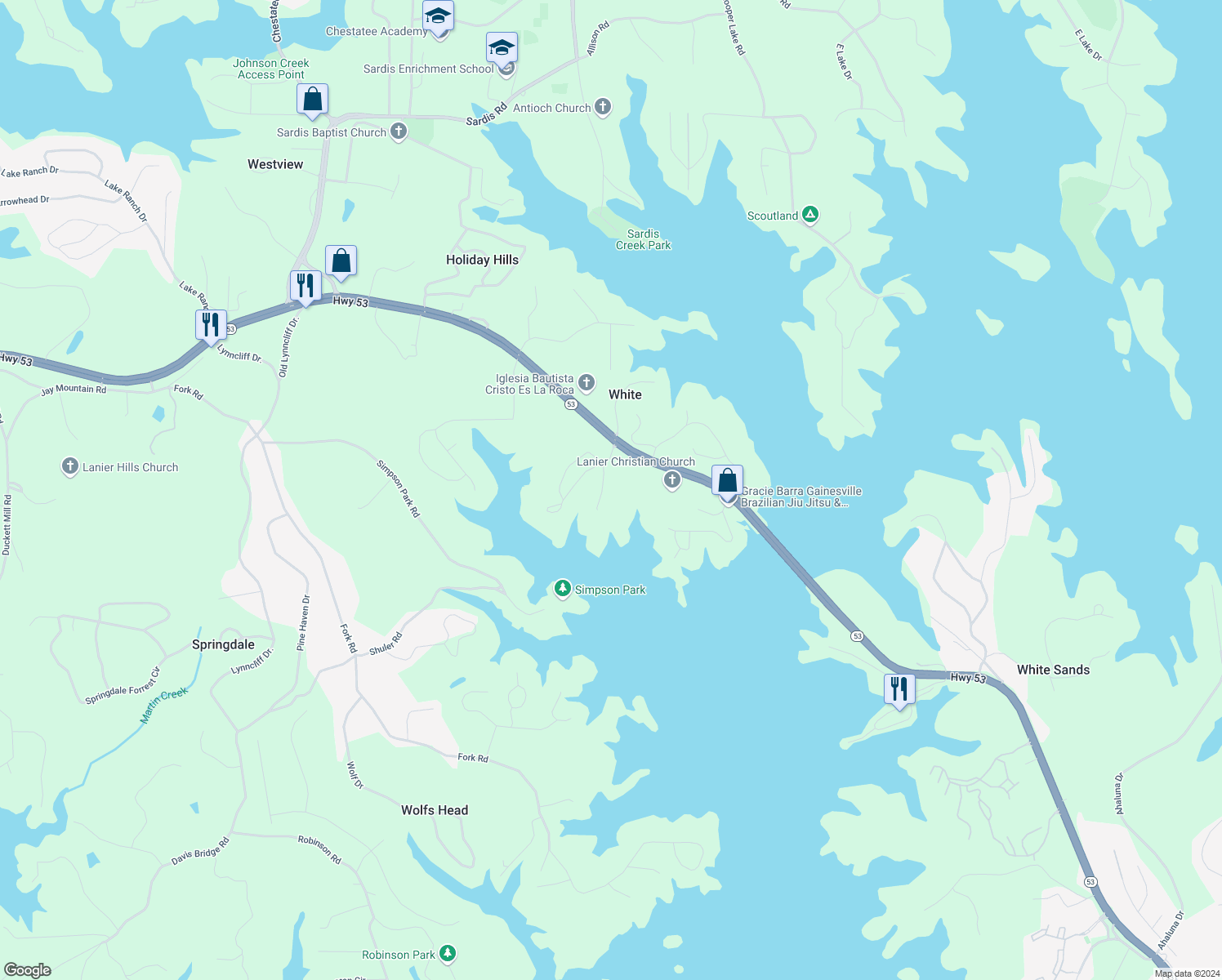 map of restaurants, bars, coffee shops, grocery stores, and more near 2333 Donnie Lee Drive in Gainesville