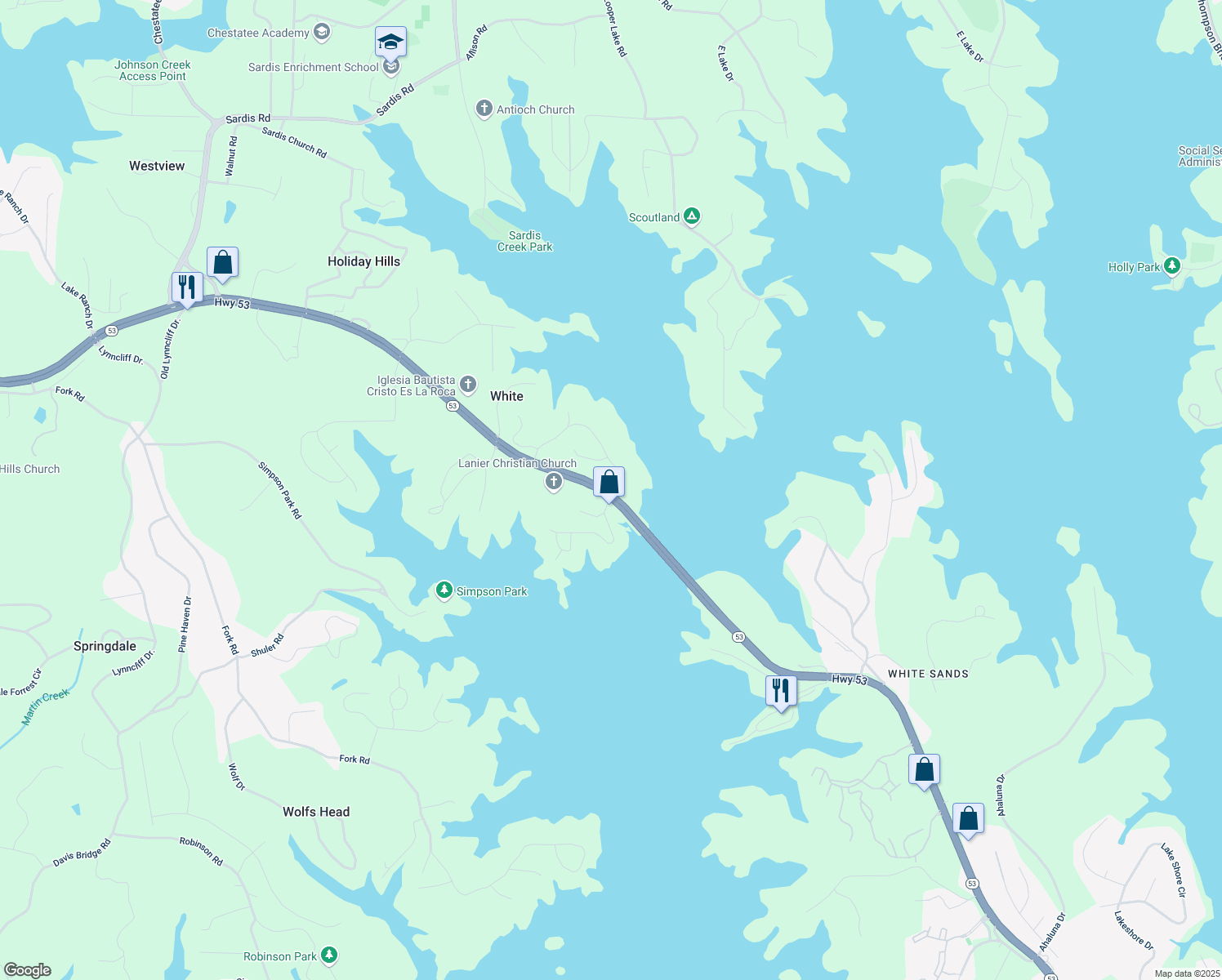 map of restaurants, bars, coffee shops, grocery stores, and more near Dawsonville Highway in Gainesville