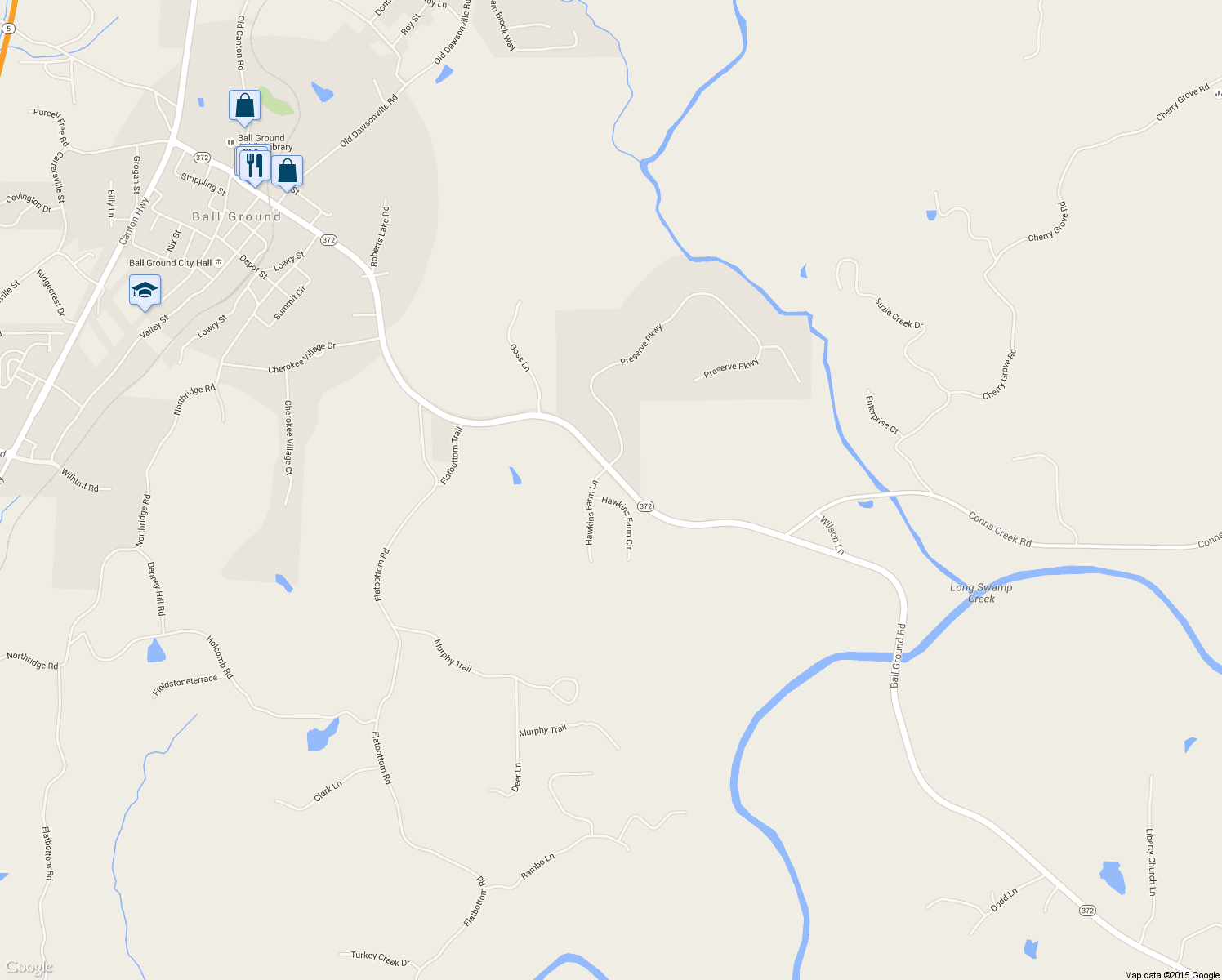 map of restaurants, bars, coffee shops, grocery stores, and more near 203 Hawkins Farm Circle in Ball Ground